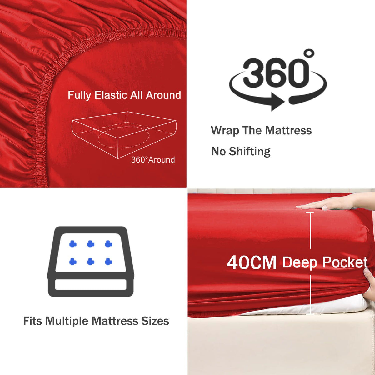 3 Piece Fitted Sheet Set- Fitted Sheet & Pillowcases -Breathable Bedding - Wrinkle, Fade, Stain Resistant- 40cm Deep Pocket Fitted Bed Sheet Set(Red,Super King)