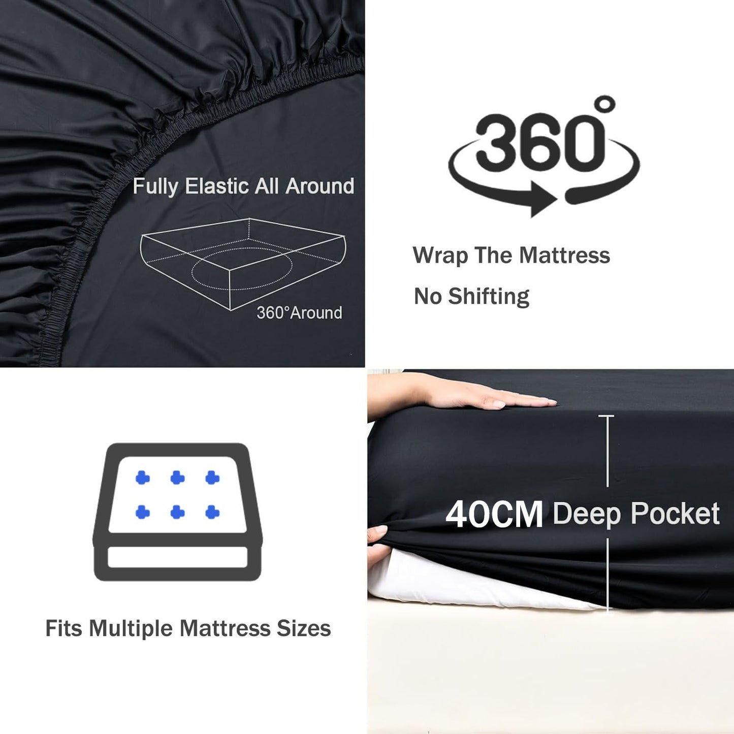 3 Piece Fitted Sheet Set- Fitted Sheet & Pillowcases -Breathable Bedding - Wrinkle, Fade, Stain Resistant- 40cm Deep Pocket Fitted Bed Sheet Set(Black,Super King)