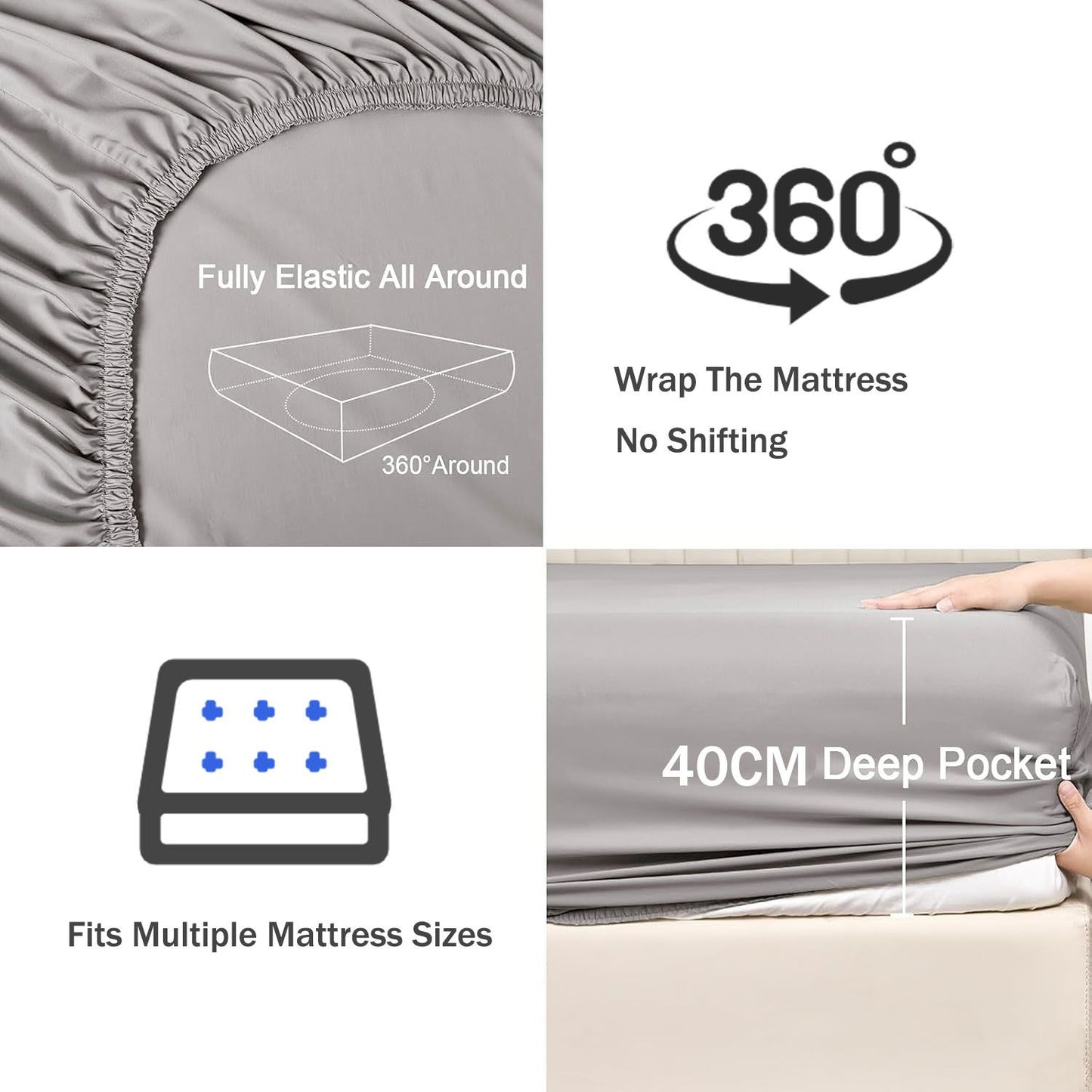 3 Piece Fitted Sheet Set- Fitted Sheet & Pillowcases -Breathable Bedding - Wrinkle, Fade, Stain Resistant- 40cm Deep Pocket Fitted Bed Sheet Set(Silver-gray,Super King)