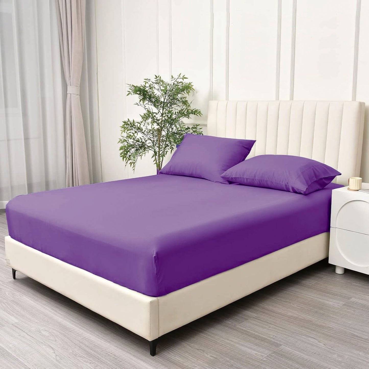 3 Piece Fitted Sheet Set- Fitted Sheet & Pillowcases -Breathable Bedding - Wrinkle, Fade, Stain Resistant- 40cm Deep Pocket Fitted Bed Sheet Set(Purple,Super King)