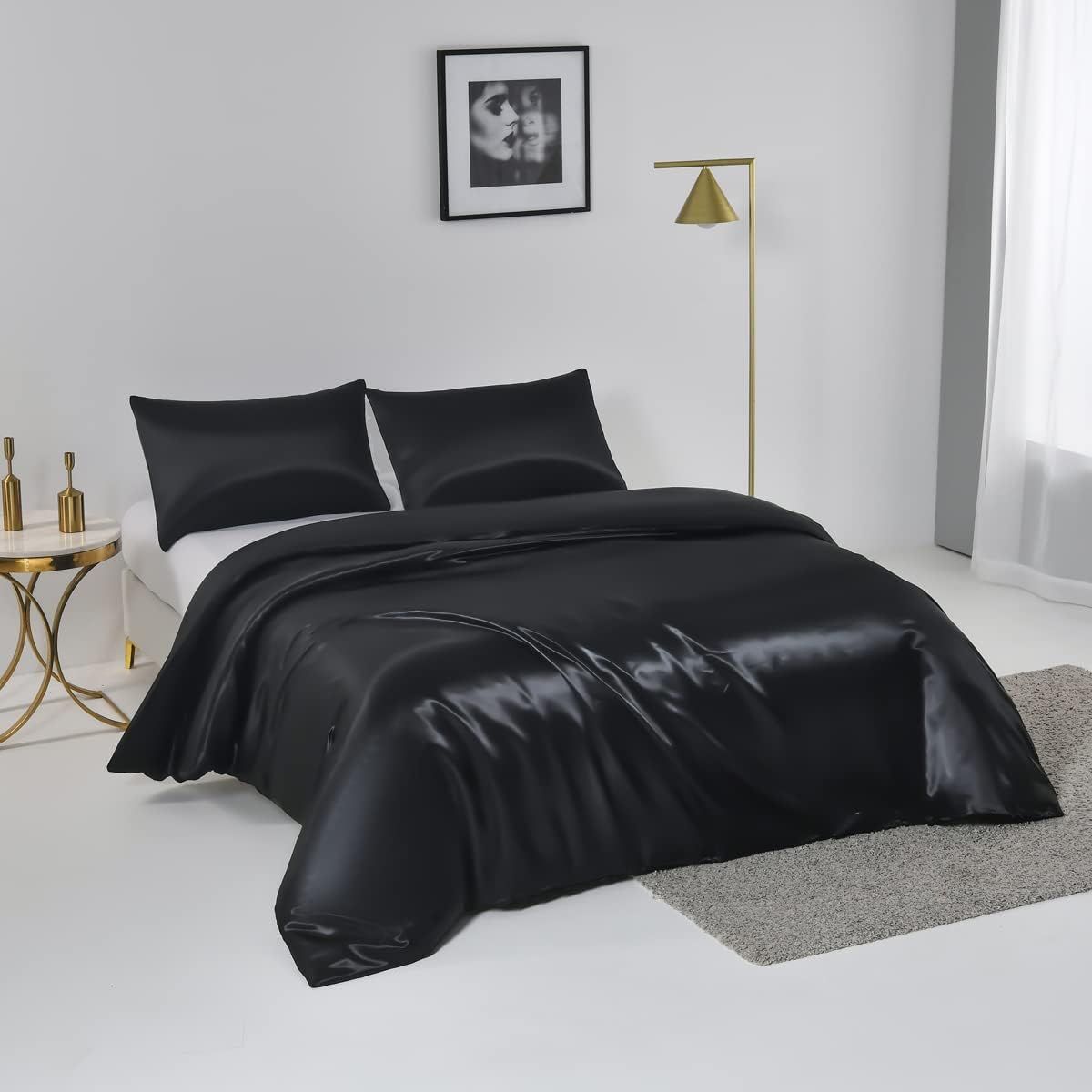 Satin Quilt cover Set Hotel 3 Pieces Quilt cover with Pillowcase, Art Silk Bedding Set-Luxury Soft Silky pillowcase for Hair and Skin, Similar to Silk Duvet/Donna Cover Set- 3 Pieces(Double,Black)