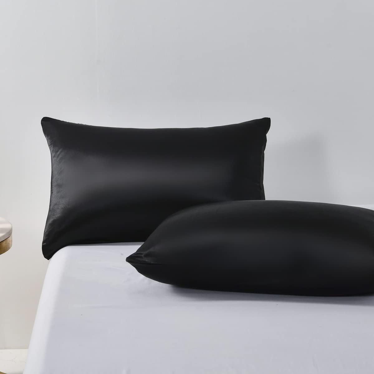 Satin Quilt cover Set Hotel 3 Pieces Quilt cover with Pillowcase, Art Silk Bedding Set-Luxury Soft Silky pillowcase for Hair and Skin, Similar to Silk Duvet/Donna Cover Set- 3 Pieces(Double,Black)