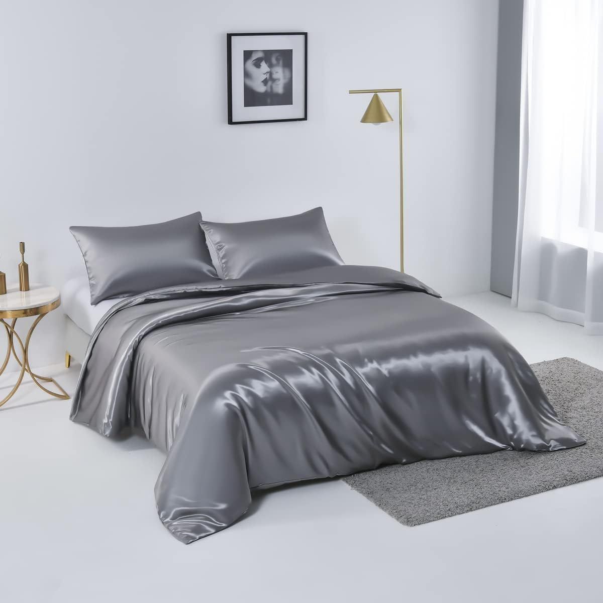 Satin Quilt cover Set Hotel 3 Pieces Quilt cover with Pillowcase, Art Silk Bedding Set-Luxury Soft Silky pillowcase for Hair and Skin, Similar to Silk Duvet/Donna Cover Set- 3 Pieces(Double,Grey)
