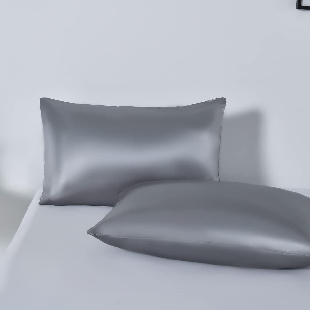 Satin Quilt cover Set Hotel 3 Pieces Quilt cover with Pillowcase, Art Silk Bedding Set-Luxury Soft Silky pillowcase for Hair and Skin, Similar to Silk Duvet/Donna Cover Set- 3 Pieces(Double,Grey)