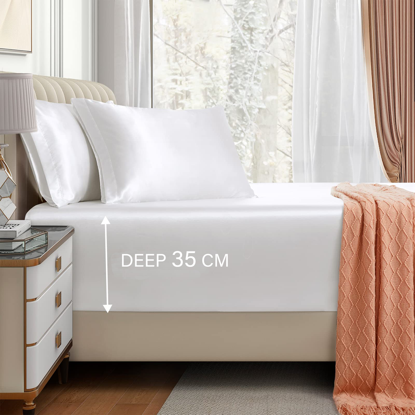 Satin Fitted Sheet Set Hotel 3 Pieces Fitted Sheet with Pillowcase, Art Silk Bedding Set-Luxury Soft Silky Sheets for Hair and Skin, Similar to Silk Fitted Sheets Set 3 Pieces(Double,White)