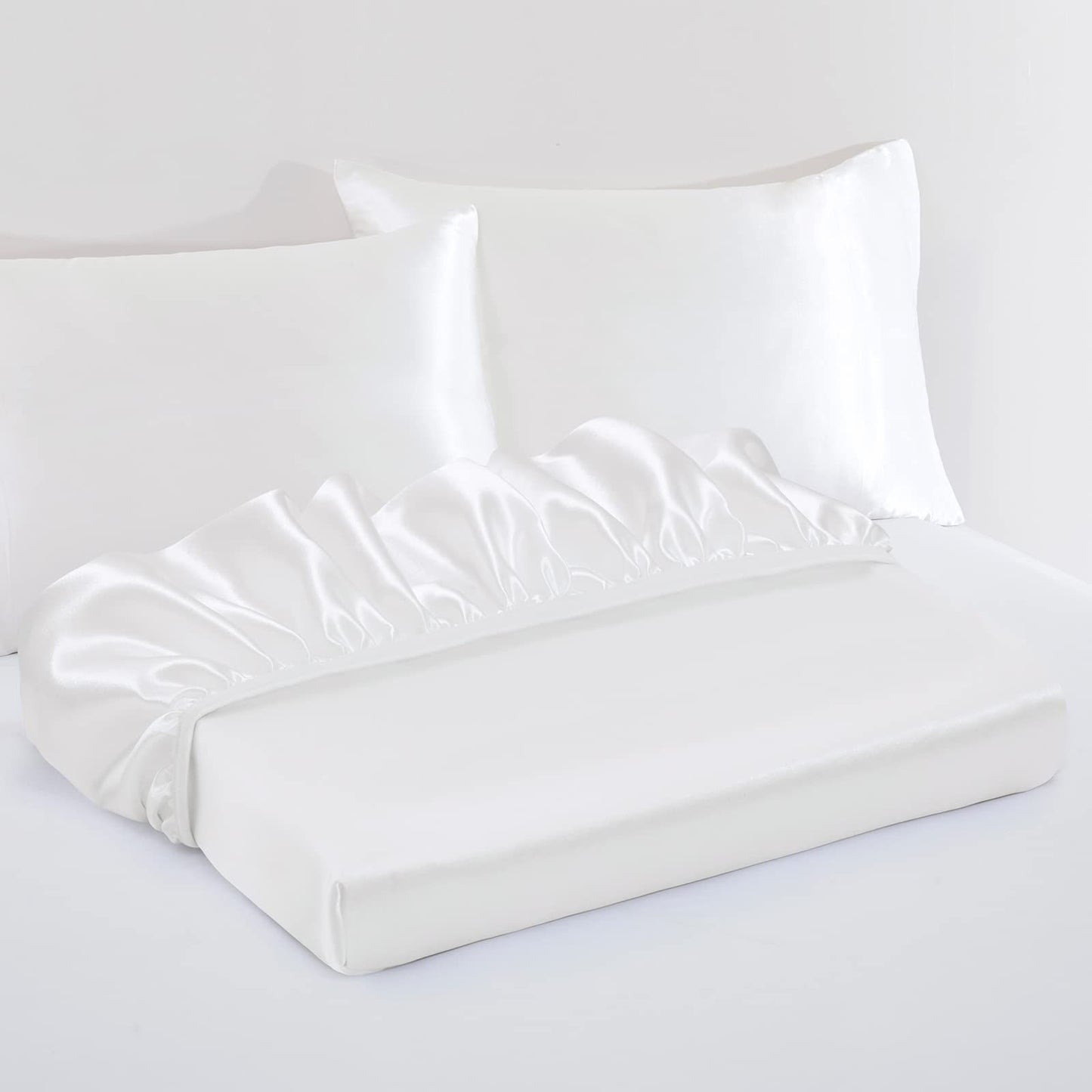 Satin Fitted Sheet Set Hotel 3 Pieces Fitted Sheet with Pillowcase, Art Silk Bedding Set-Luxury Soft Silky Sheets for Hair and Skin, Similar to Silk Fitted Sheets Set 3 Pieces(Double,White)
