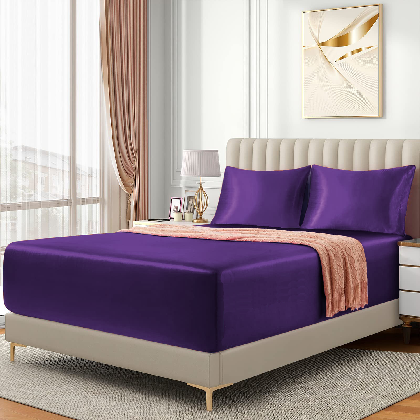 Satin Fitted Sheet Set Hotel 3 Pieces Fitted Sheet with Pillowcase, Art Silk Bedding Set-Luxury Soft Silky Sheets for Hair and Skin, Similar to Silk Fitted Sheets Set 3 Pieces(Double,Purple)