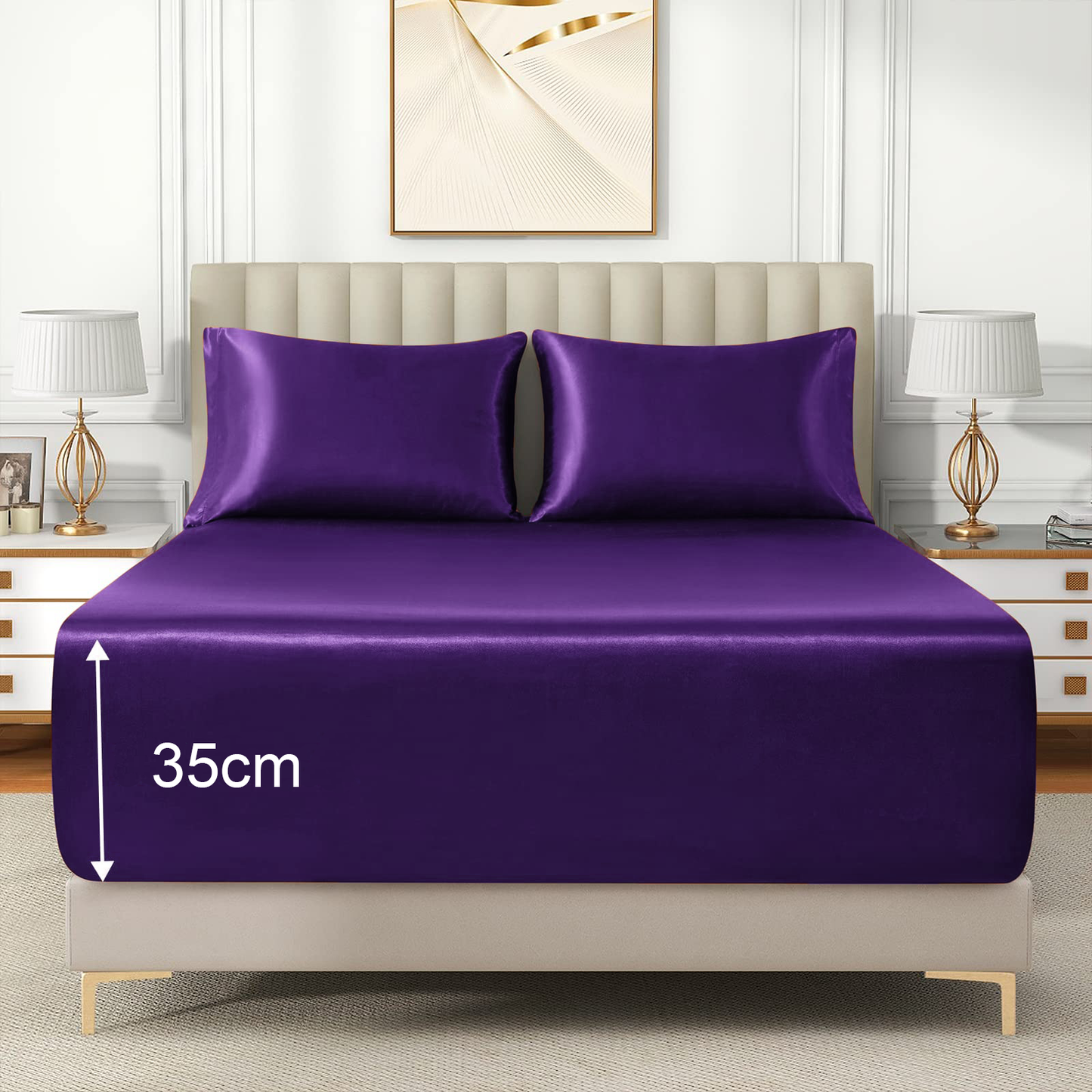 Satin Fitted Sheet Set Hotel 3 Pieces Fitted Sheet with Pillowcase, Art Silk Bedding Set-Luxury Soft Silky Sheets for Hair and Skin, Similar to Silk Fitted Sheets Set 3 Pieces(Double,Purple)