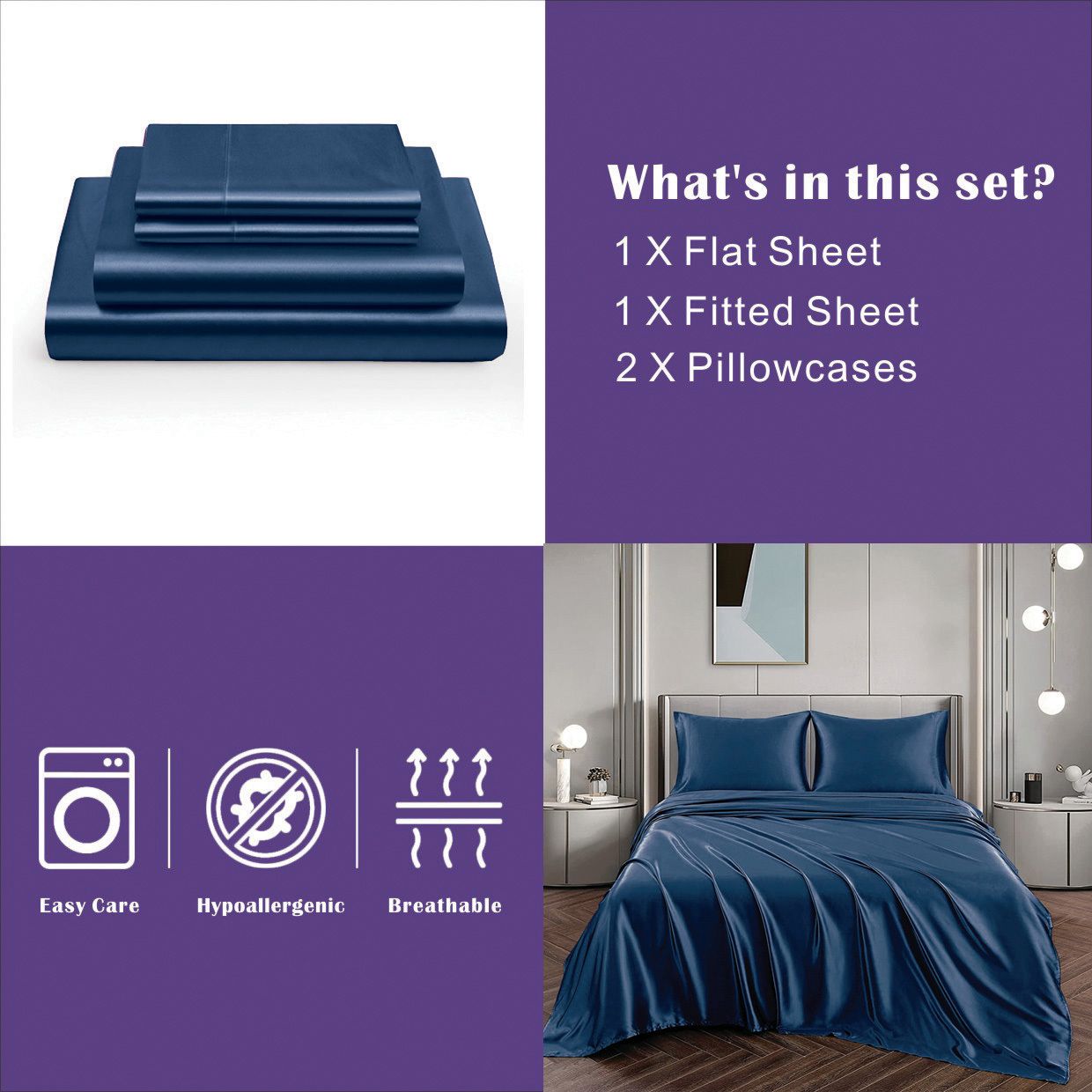 Art Silk Satin Sheet Set Hotel 4 Pieces Fitted/Flat Sheet Bedding Set-Luxury Soft Silky Sheets for Hair and Skin, Similar to Silk Bed Sheets Set 4 Pieces(Double,Navy)