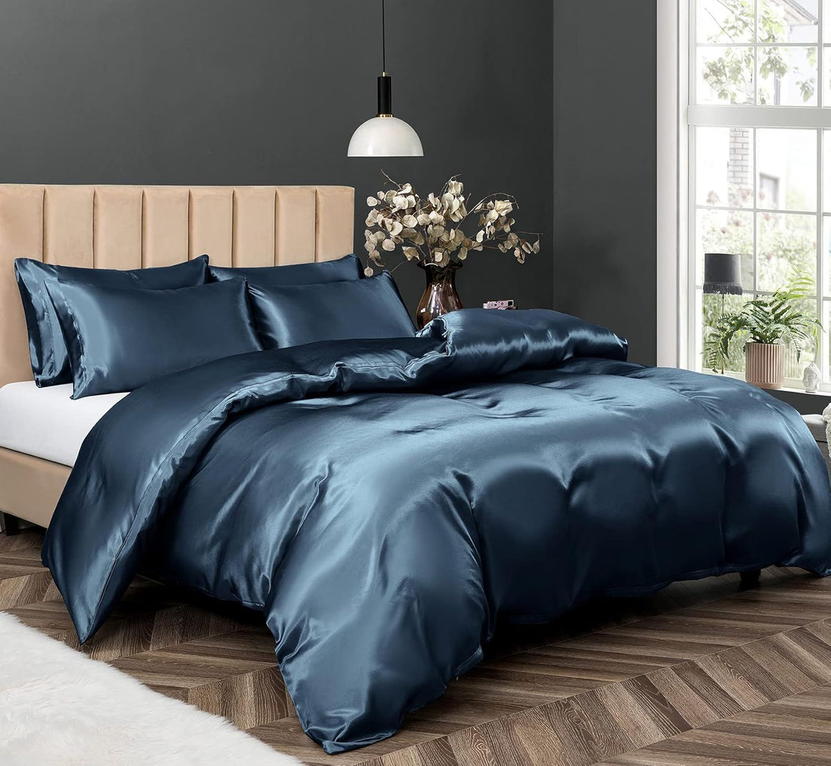 Satin Quilt cover Set Hotel 3 Pieces Quilt cover with Pillowcase, Art Silk Bedding Set-Luxury Soft Silky pillowcase for Hair and Skin, Similar to Silk Duvet/Donna Cover Set- 3 Pieces(King,Navy)