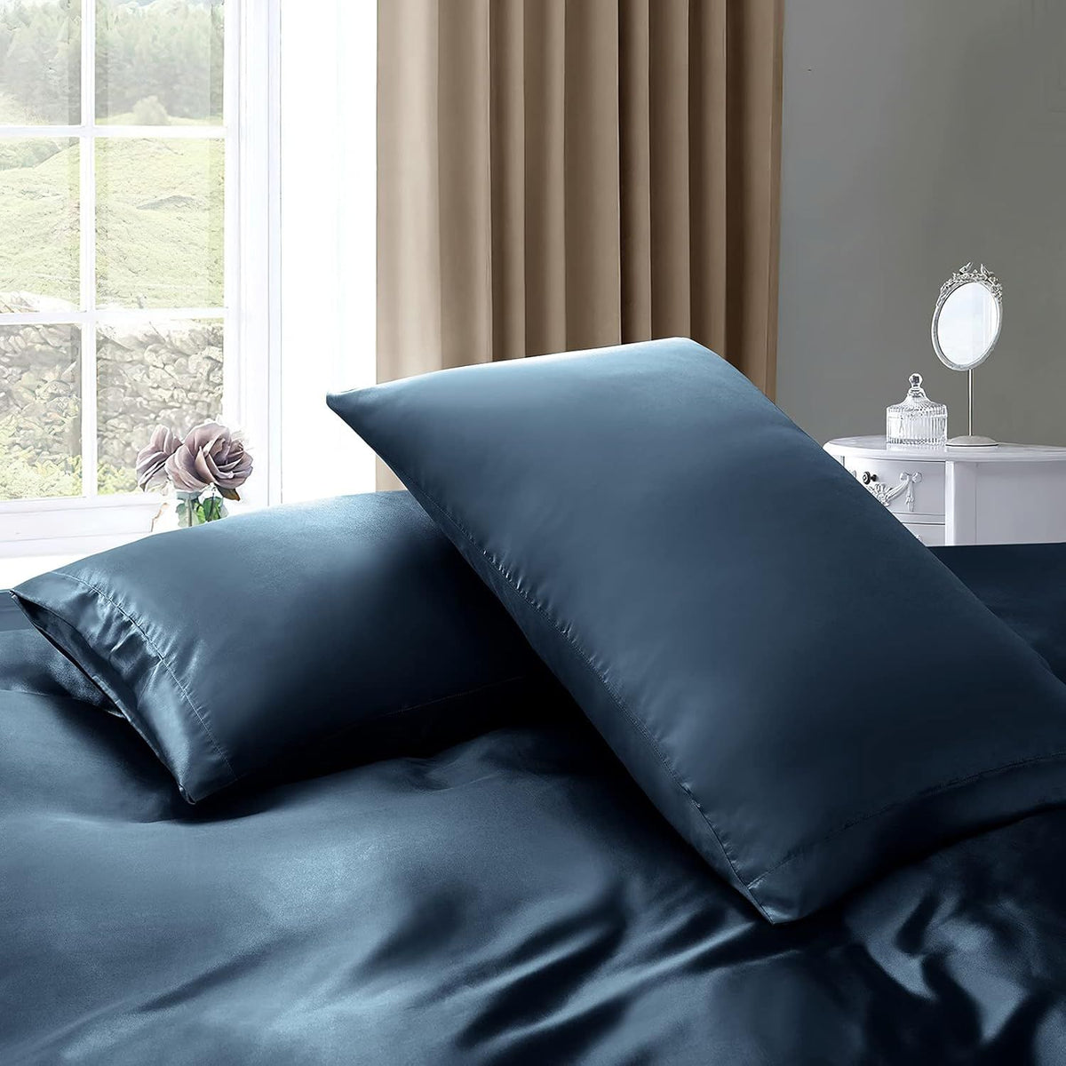 Satin Quilt cover Set Hotel 3 Pieces Quilt cover with Pillowcase, Art Silk Bedding Set-Luxury Soft Silky pillowcase for Hair and Skin, Similar to Silk Duvet/Donna Cover Set- 3 Pieces(King,Navy)