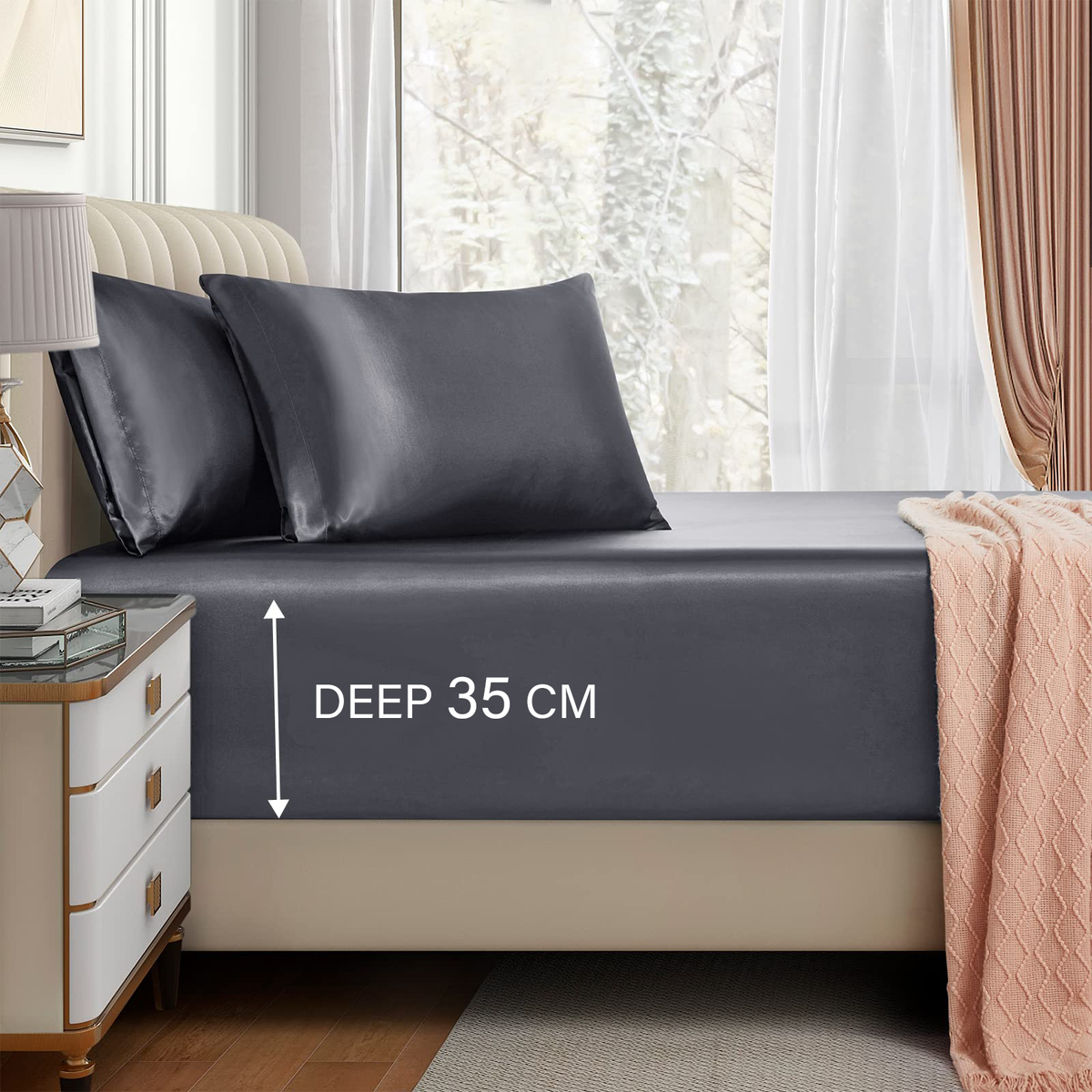 Satin Fitted Sheet Set Hotel 3 Pieces Fitted Sheet with Pillowcase, Art Silk Bedding Set-Luxury Soft Silky Sheets for Hair and Skin, Similar to Silk Fitted Sheets Set 3 Pieces(King,Grey)