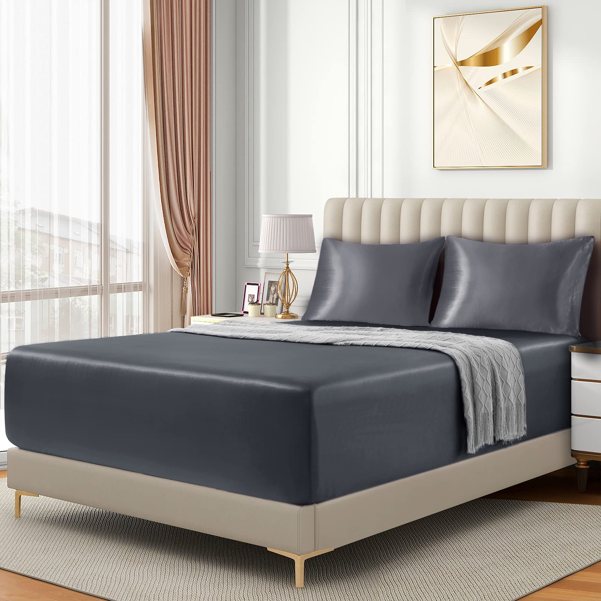 Satin Fitted Sheet Set Hotel 3 Pieces Fitted Sheet with Pillowcase, Art Silk Bedding Set-Luxury Soft Silky Sheets for Hair and Skin, Similar to Silk Fitted Sheets Set 3 Pieces(King,Grey)