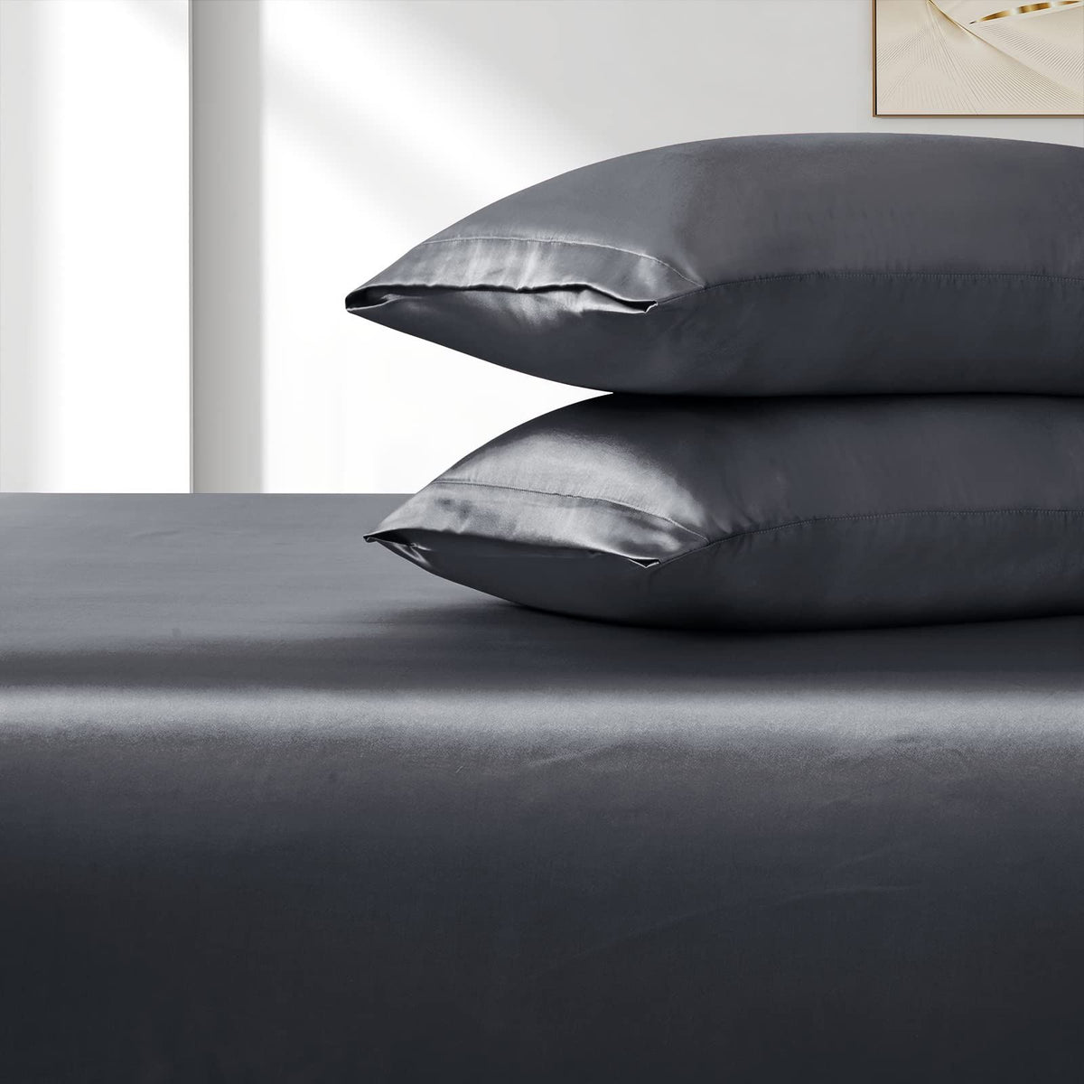 Satin Fitted Sheet Set Hotel 3 Pieces Fitted Sheet with Pillowcase, Art Silk Bedding Set-Luxury Soft Silky Sheets for Hair and Skin, Similar to Silk Fitted Sheets Set 3 Pieces(King,Grey)