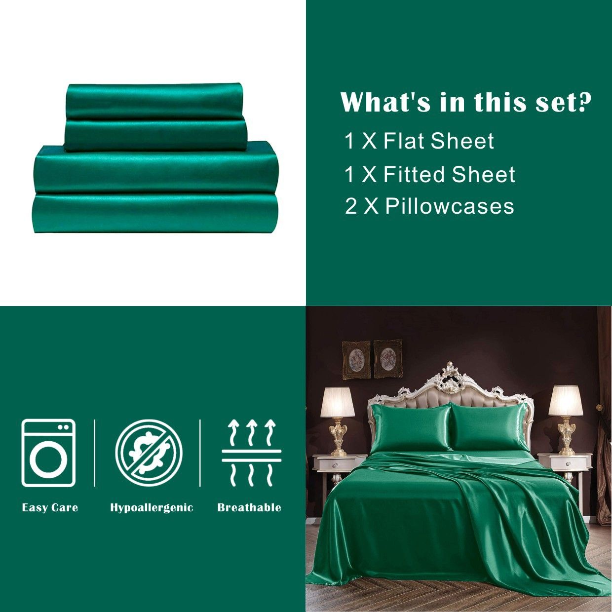 Art Silk Satin Sheet Set Hotel 4 Pieces Fitted/Flat Sheet Bedding Set-Luxury Soft Silky Sheets for Hair and Skin, Similar to Silk Bed Sheets Set 4 Pieces(King,Green)