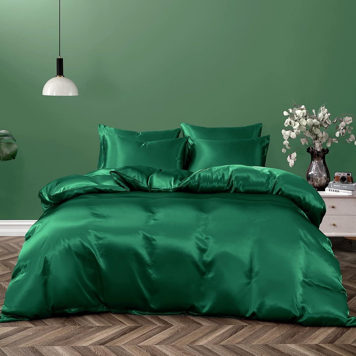 Satin Quilt cover Set Hotel 3 Pieces Quilt cover with Pillowcase, Art Silk Bedding Set-Luxury Soft Silky pillowcase for Hair and Skin, Similar to Silk Duvet/Donna Cover Set- 3 Pieces(Queen,Green)
