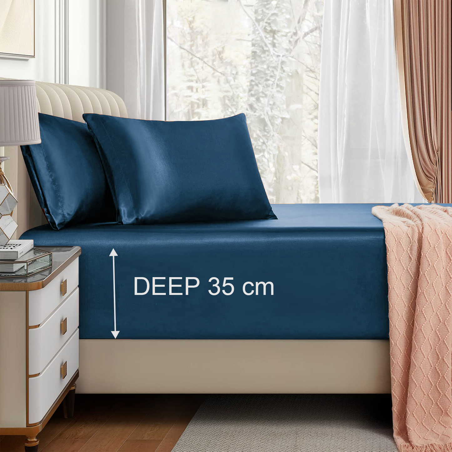 Satin Fitted Sheet Set Hotel 3 Pieces Fitted Sheet with Pillowcase, Art Silk Bedding Set-Luxury Soft Silky Sheets for Hair and Skin, Similar to Silk Fitted Sheets Set 3 Pieces(Queen,Navy)