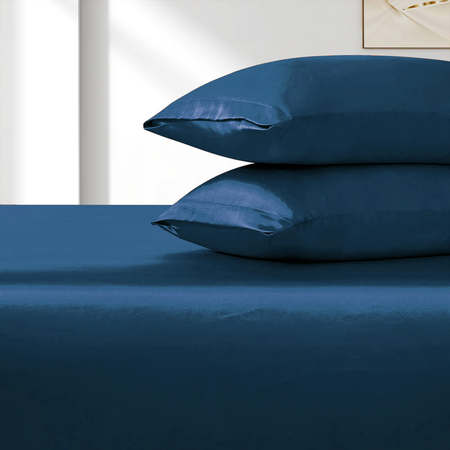 Satin Fitted Sheet Set Hotel 3 Pieces Fitted Sheet with Pillowcase, Art Silk Bedding Set-Luxury Soft Silky Sheets for Hair and Skin, Similar to Silk Fitted Sheets Set 3 Pieces(Queen,Navy)