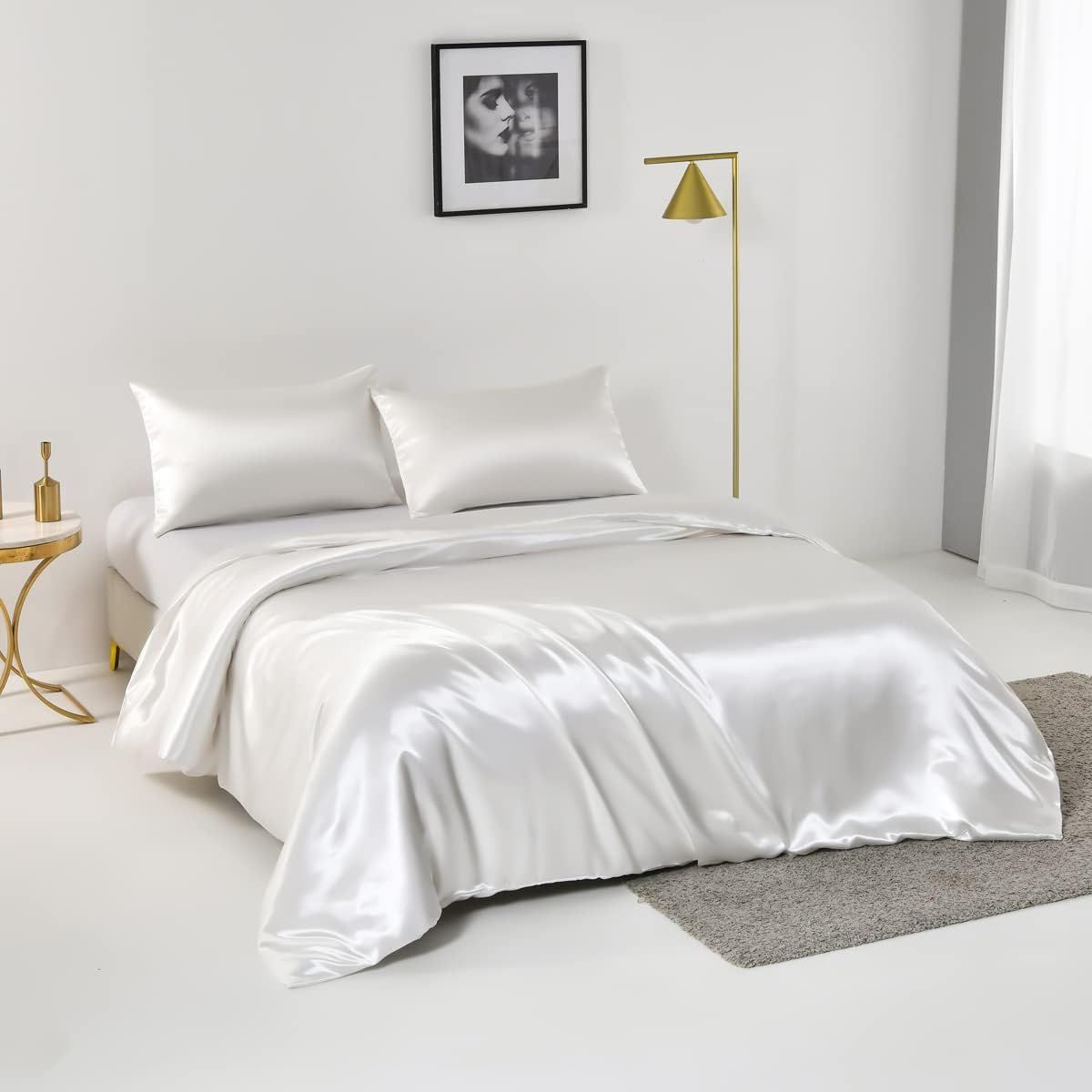 Satin Quilt cover Set Hotel 3 Pieces Quilt cover with Pillowcase, Art Silk Bedding Set-Luxury Soft Silky pillowcase for Hair and Skin, Similar to Silk Duvet/Donna Cover Set- 3 Pieces(Super King,White)