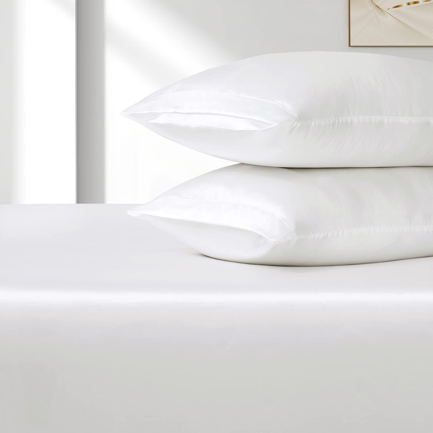 Satin Fitted Sheet Set Hotel 3 Pieces Fitted Sheet with Pillowcase, Art Silk Bedding Set-Luxury Soft Silky Sheets for Hair and Skin, Similar to Silk Fitted Sheets Set 3 Pieces(Super King,White)