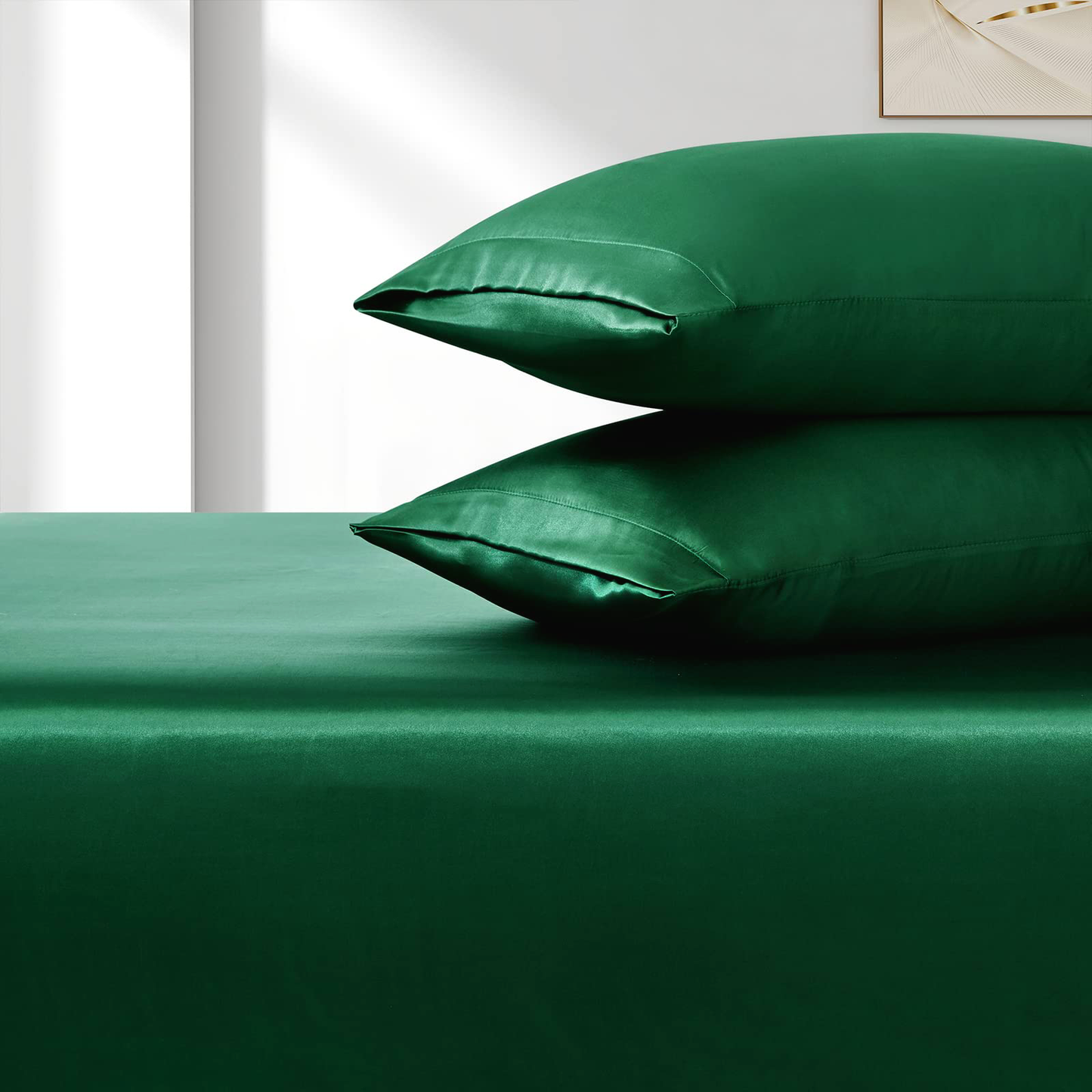 Satin Fitted Sheet Set Hotel 3 Pieces Fitted Sheet with Pillowcase, Art Silk Bedding Set-Luxury Soft Silky Sheets for Hair and Skin, Similar to Silk Fitted Sheets Set 3 Pieces(Super King,Green)