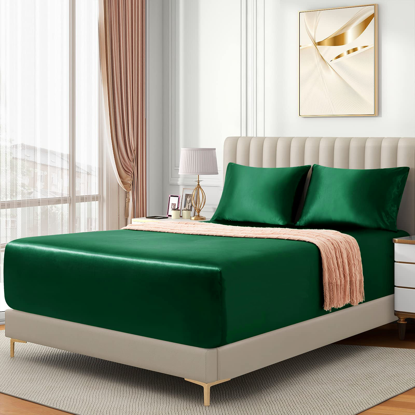 Satin Fitted Sheet Set Hotel 3 Pieces Fitted Sheet with Pillowcase, Art Silk Bedding Set-Luxury Soft Silky Sheets for Hair and Skin, Similar to Silk Fitted Sheets Set 3 Pieces(Super King,Green)