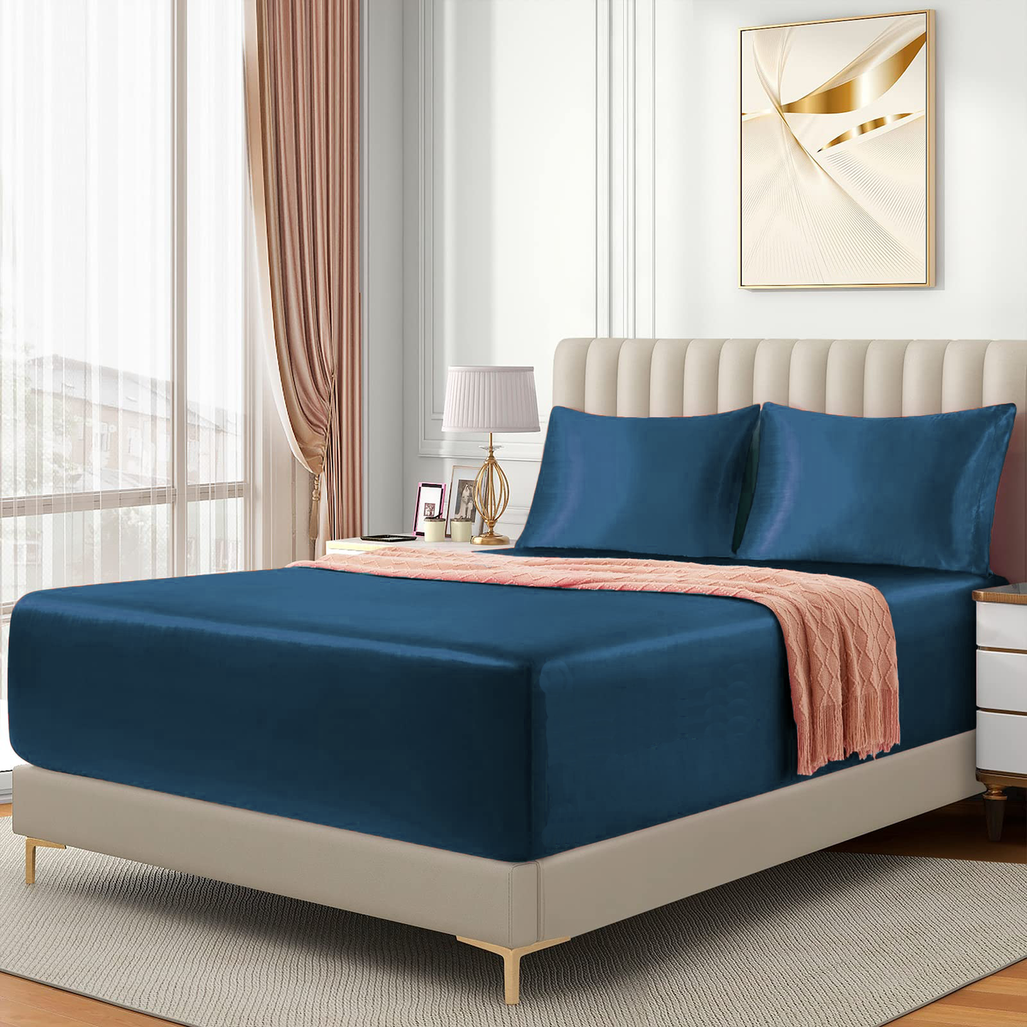 Satin Fitted Sheet Set Hotel 3 Pieces Fitted Sheet with Pillowcase, Art Silk Bedding Set-Luxury Soft Silky Sheets for Hair and Skin, Similar to Silk Fitted Sheets Set 3 Pieces(Super King,Navy)