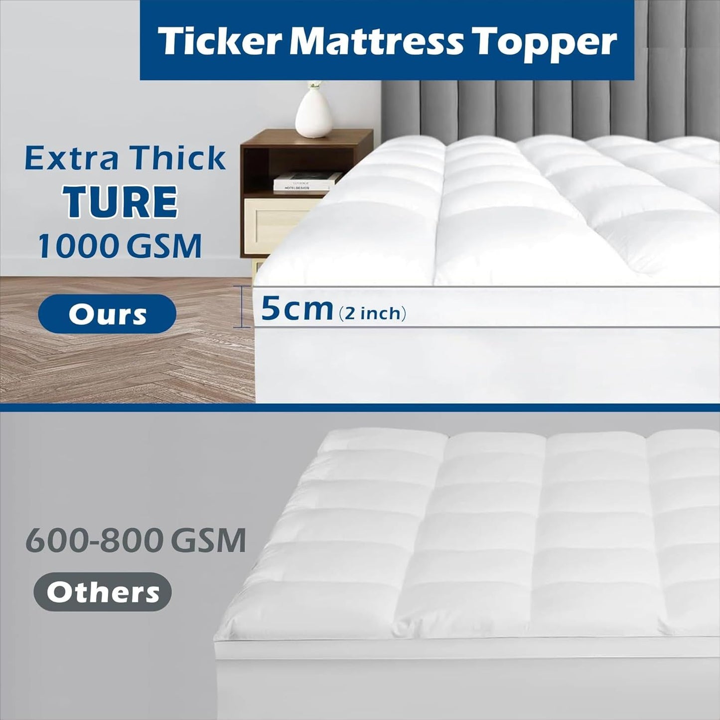 1000GSM Mattress Topper Viscose Derived from Bamboo, Thick Pillowtop Fitted Mattress Cover with 45cm Deep Skirt - Machine Washable Hypoallergenic（Single,Black）