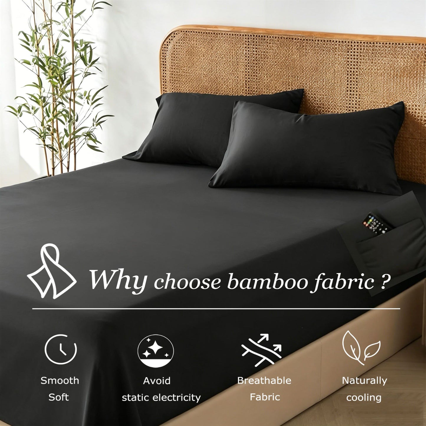 3 Piece Hotel Bamboo Cooling Fitted Sheet Set & Pillowcase -Ultra Soft 2000TC Breathable Fitted Bed Sheets Set with 37 Centimetre Deep Pocket-Cooling Sheets for Hot Sleepers(Black,Double)