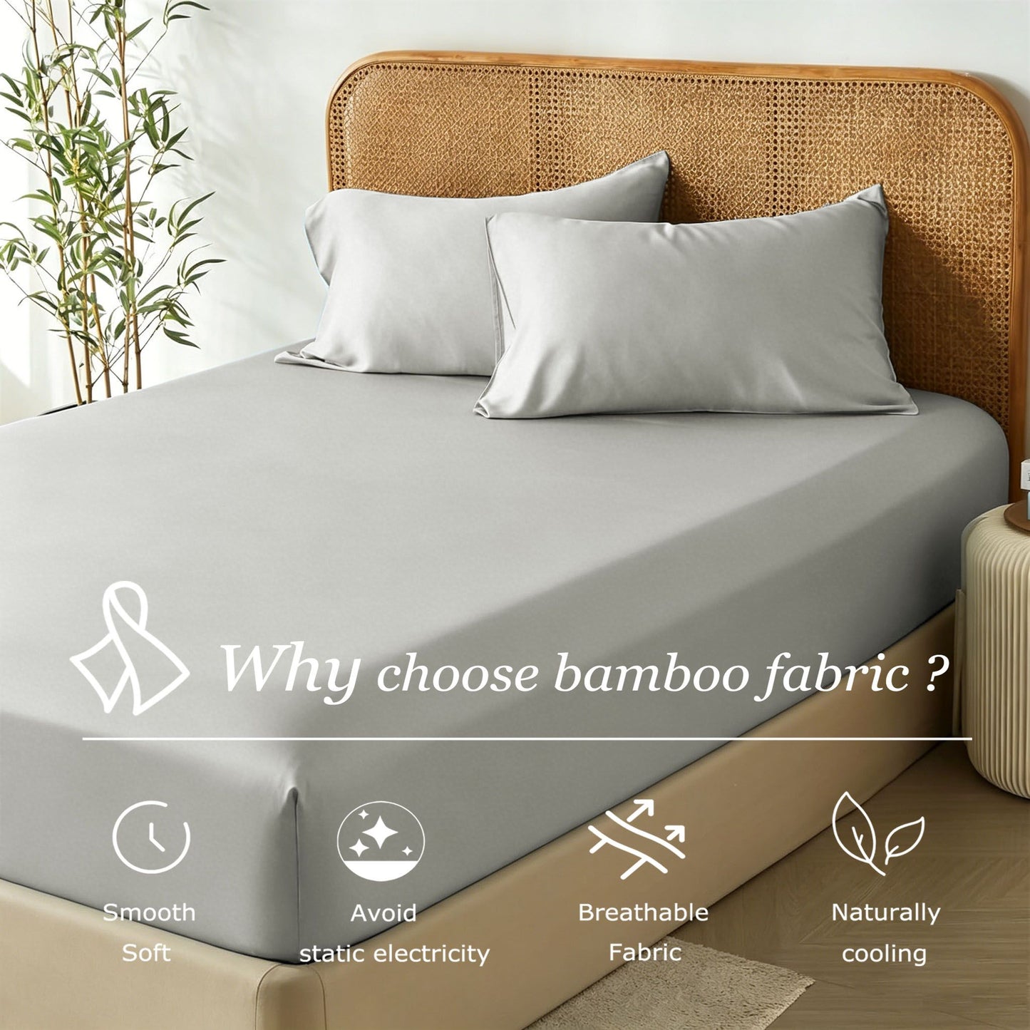 3 Piece Hotel Bamboo Cooling Fitted Sheet Set & Pillowcase -Ultra Soft 2000TC Breathable Fitted Bed Sheets Set with 37 Centimetre Deep Pocket-Cooling Sheets for Hot Sleepers(Silver-gray,Double)