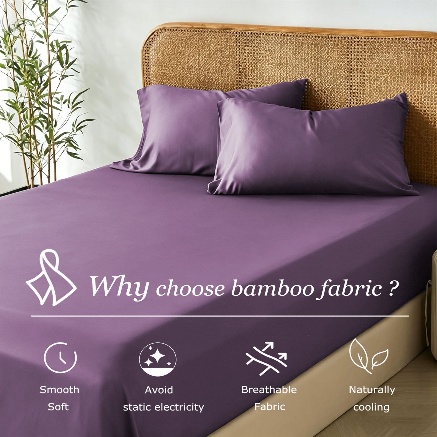 3 Piece Hotel Bamboo Cooling Fitted Sheet Set & Pillowcase -Ultra Soft 2000TC Breathable Fitted Bed Sheets Set with 37 Centimetre Deep Pocket-Cooling Sheets for Hot Sleepers(Purple,Double)