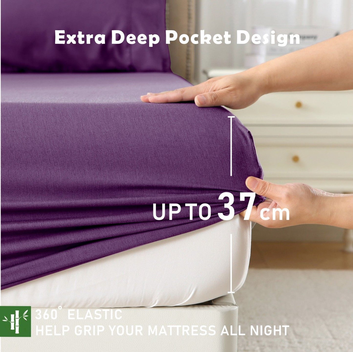 3 Piece Hotel Bamboo Cooling Fitted Sheet Set & Pillowcase -Ultra Soft 2000TC Breathable Fitted Bed Sheets Set with 37 Centimetre Deep Pocket-Cooling Sheets for Hot Sleepers(Purple,Double)