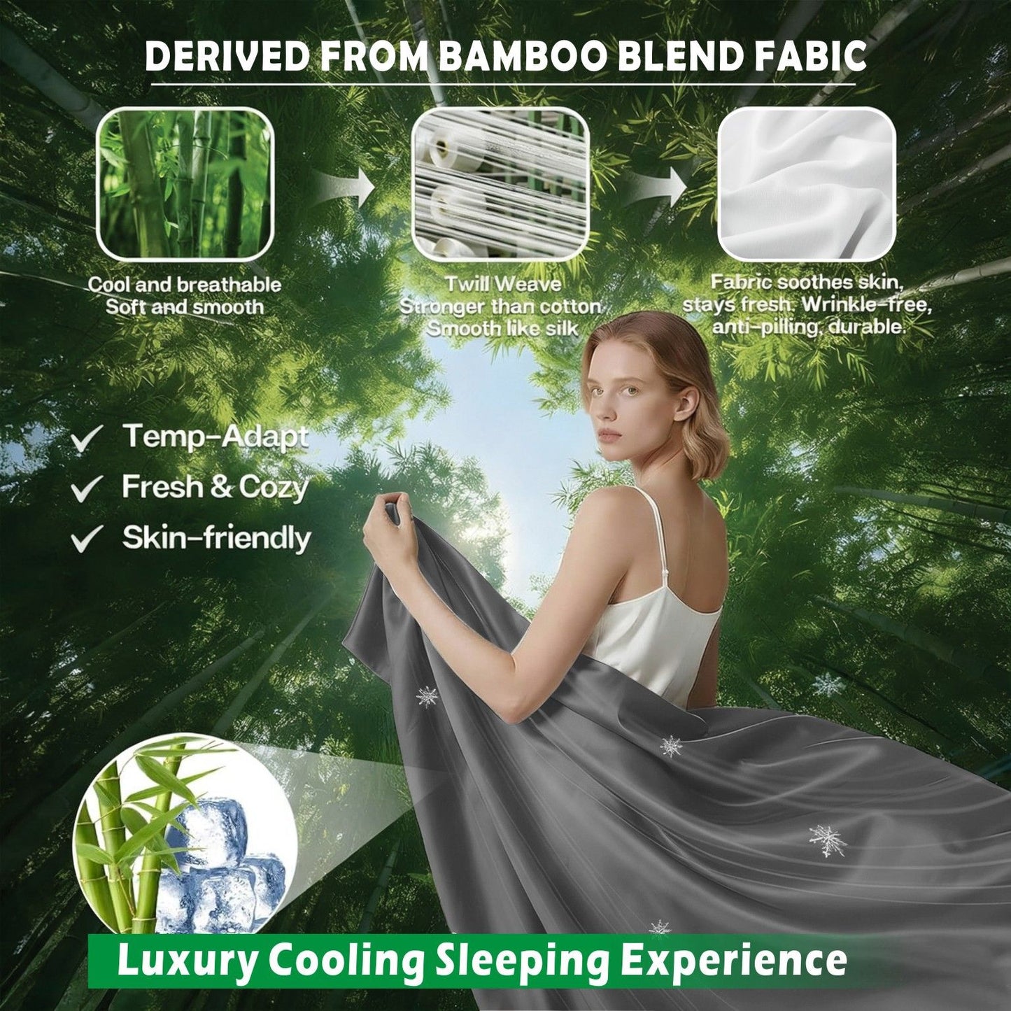 4 Piece Hotel Bamboo Cooling Sheet Set -Ultra Soft 2000TC Breathable Bed Sheets Set with 37 Centimetre Deep Pocket-Cooling Sheets for Hot Sleepers(Grey,Double)