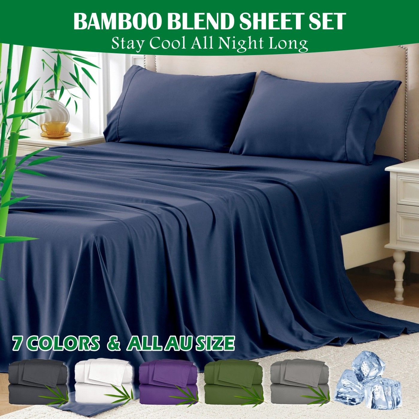 4 Piece Hotel Bamboo Cooling Sheet Set -Ultra Soft 2000TC Breathable Bed Sheets Set with 37 Centimetre Deep Pocket-Cooling Sheets for Hot Sleepers(Navy,King)