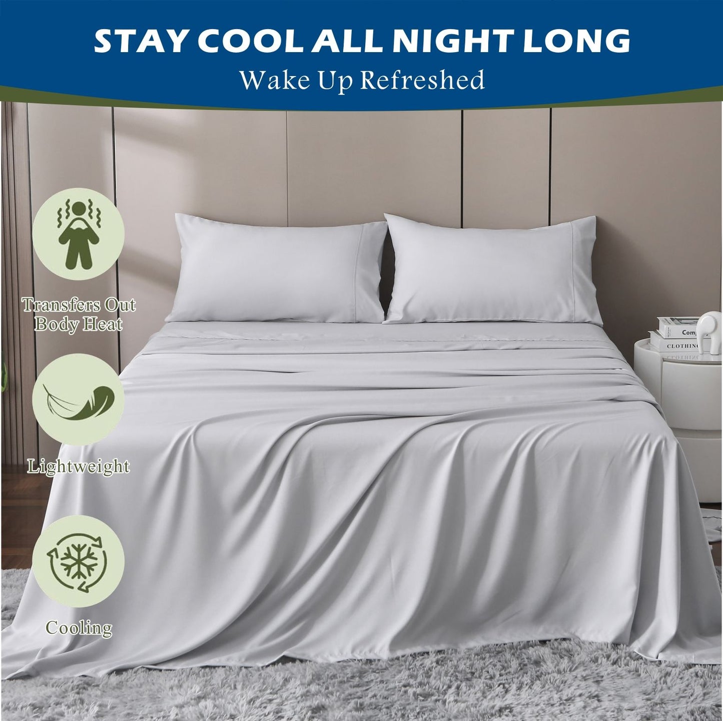 3 Piece Hotel Bamboo Cooling Sheet Set -Ultra Soft 2000TC Breathable Bed Sheets Set with 37 Centimetre Deep Pocket-Cooling Sheets for Hot Sleepers(Silver-gray,King Single)