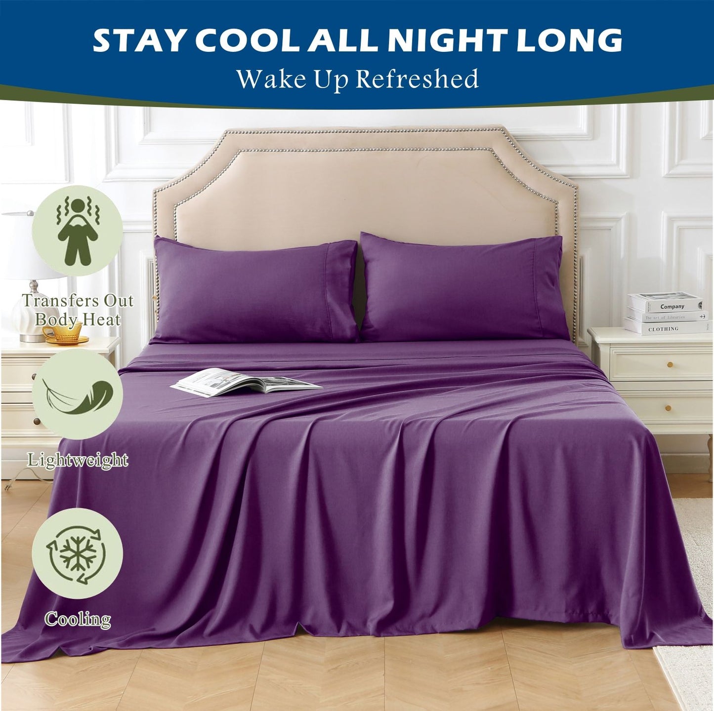 3 Piece Hotel Bamboo Cooling Sheet Set -Ultra Soft 2000TC Breathable Bed Sheets Set with 37 Centimetre Deep Pocket-Cooling Sheets for Hot Sleepers(Purple,King Single)
