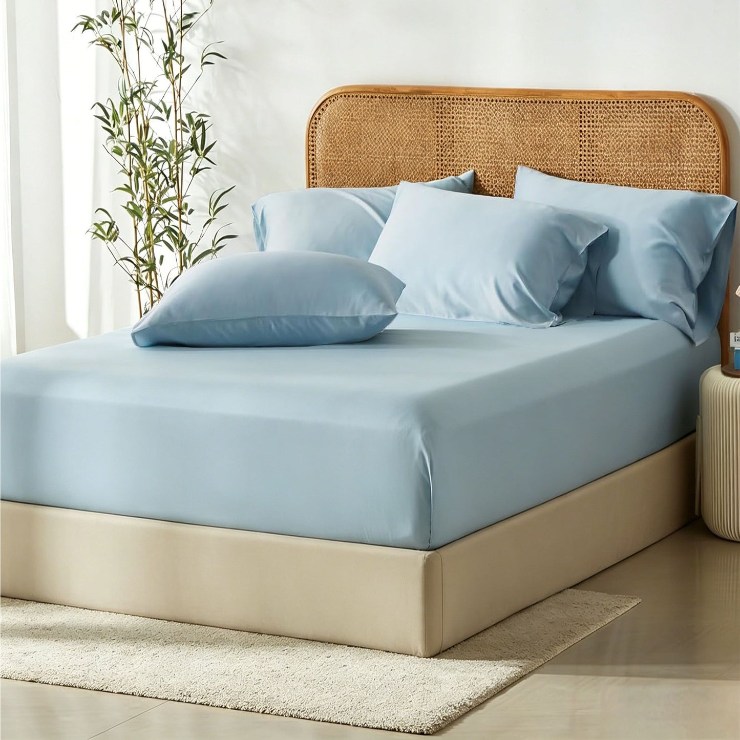 3 Piece Hotel Bamboo Cooling Fitted Sheet Set & Pillowcase -Ultra Soft 2000TC Breathable Fitted Bed Sheets Set with 37 Centimetre Deep Pocket-Cooling Sheets for Hot Sleepers(Sky Blue,Queen)