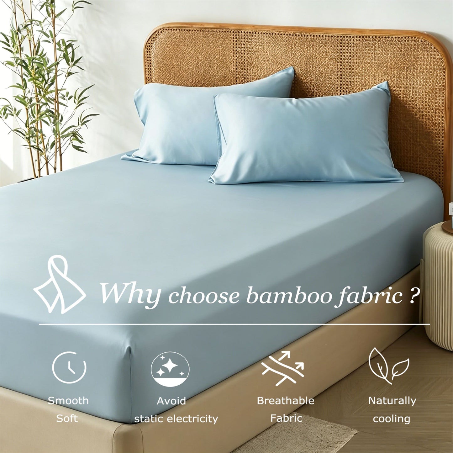 3 Piece Hotel Bamboo Cooling Fitted Sheet Set & Pillowcase -Ultra Soft 2000TC Breathable Fitted Bed Sheets Set with 37 Centimetre Deep Pocket-Cooling Sheets for Hot Sleepers(Sky Blue,Queen)