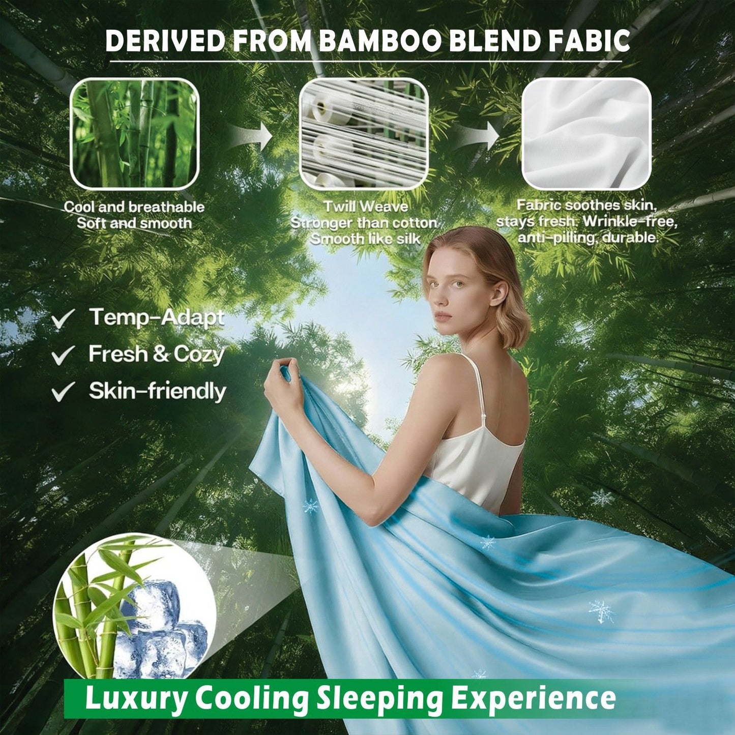 3 Piece Hotel Bamboo Cooling Sheet Set -Ultra Soft 2000TC Breathable Bed Sheets Set with 37 Centimetre Deep Pocket-Cooling Sheets for Hot Sleepers(Sky Blue,Single)