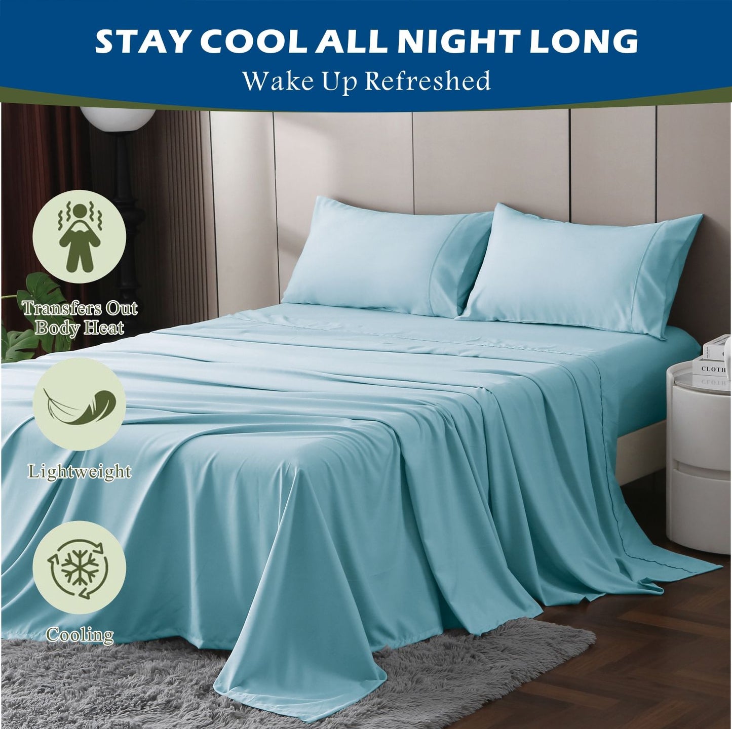 3 Piece Hotel Bamboo Cooling Sheet Set -Ultra Soft 2000TC Breathable Bed Sheets Set with 37 Centimetre Deep Pocket-Cooling Sheets for Hot Sleepers(Sky Blue,Single)