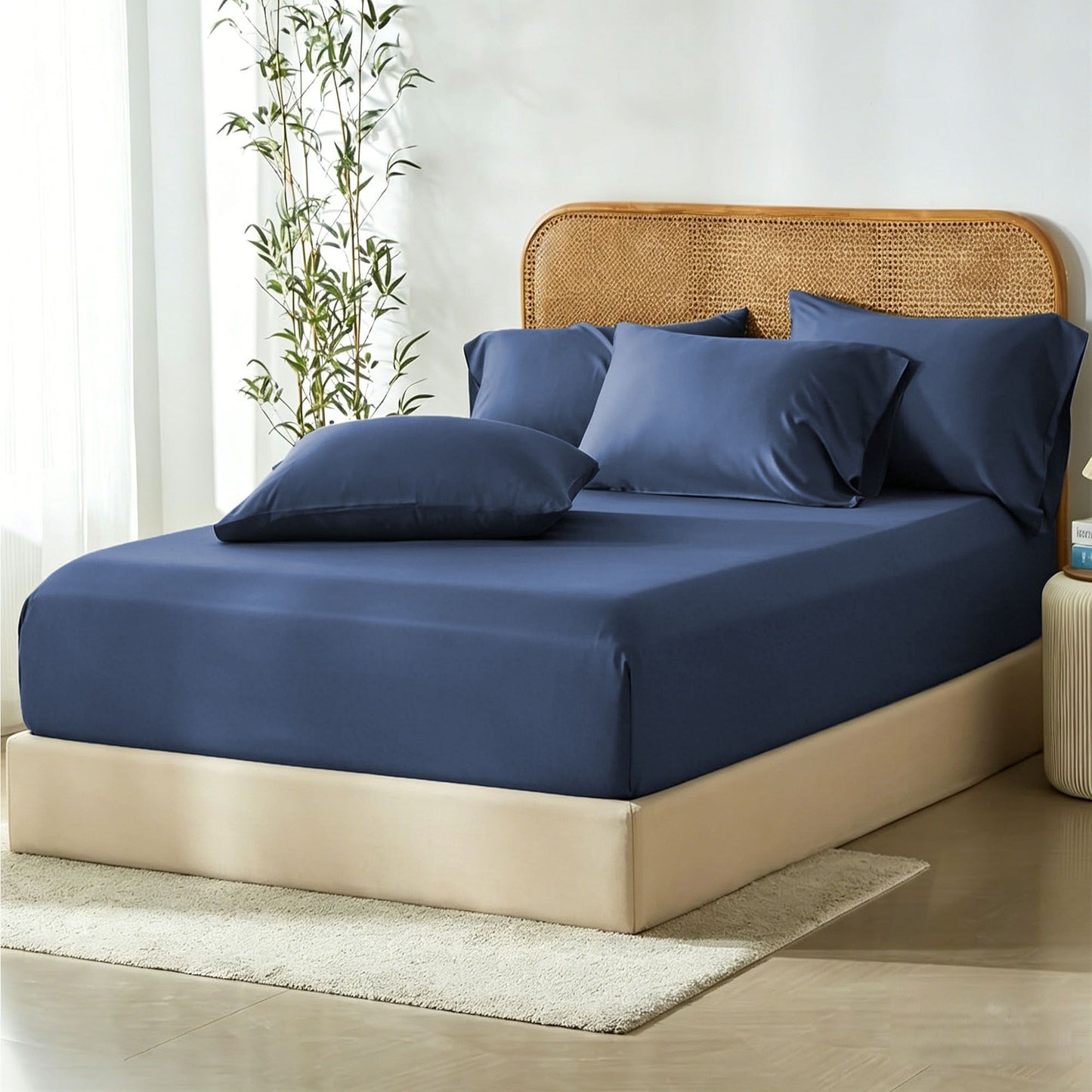 3 Piece Hotel Bamboo Cooling Fitted Sheet Set & Pillowcase -Ultra Soft 2000TC Breathable Fitted Bed Sheets Set with 37 Centimetre Deep Pocket-Cooling Sheets for Hot Sleepers(Navy,Super King)