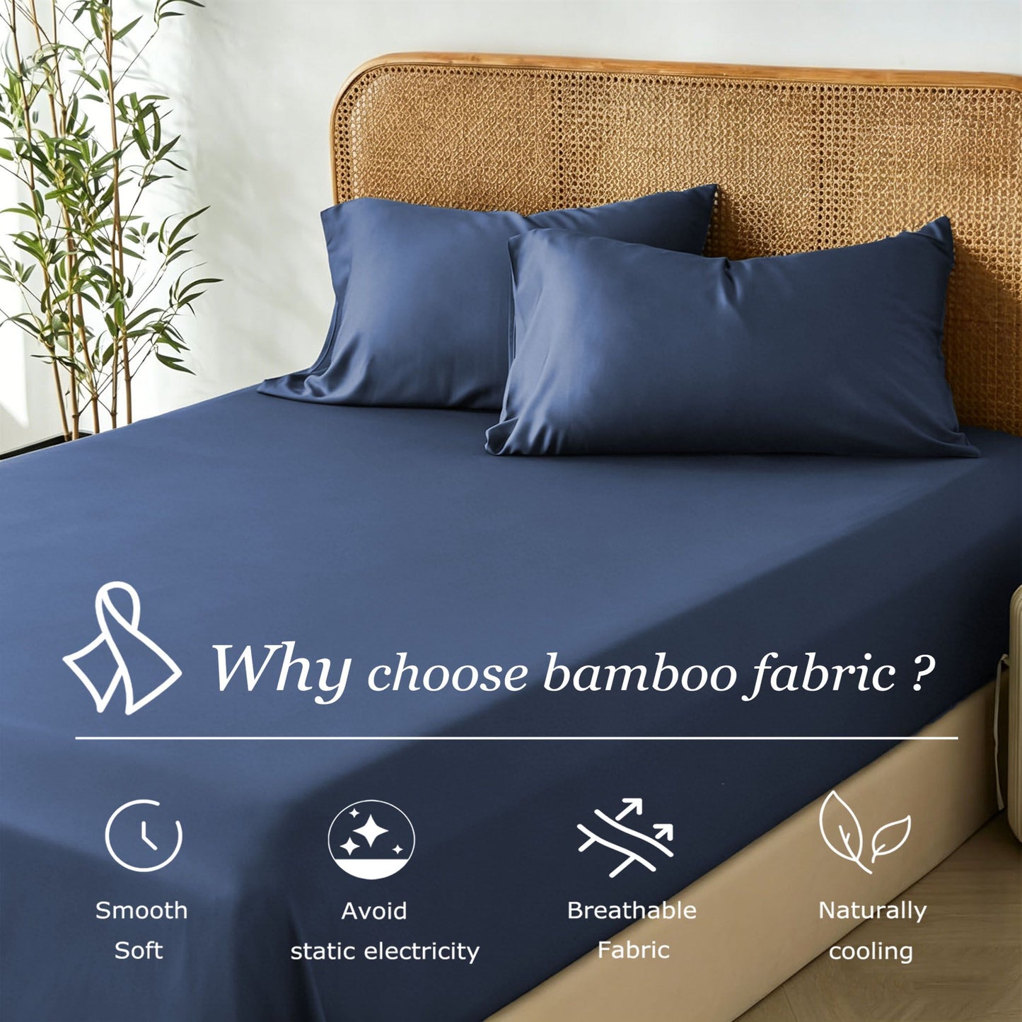 3 Piece Hotel Bamboo Cooling Fitted Sheet Set & Pillowcase -Ultra Soft 2000TC Breathable Fitted Bed Sheets Set with 37 Centimetre Deep Pocket-Cooling Sheets for Hot Sleepers(Navy,Super King)