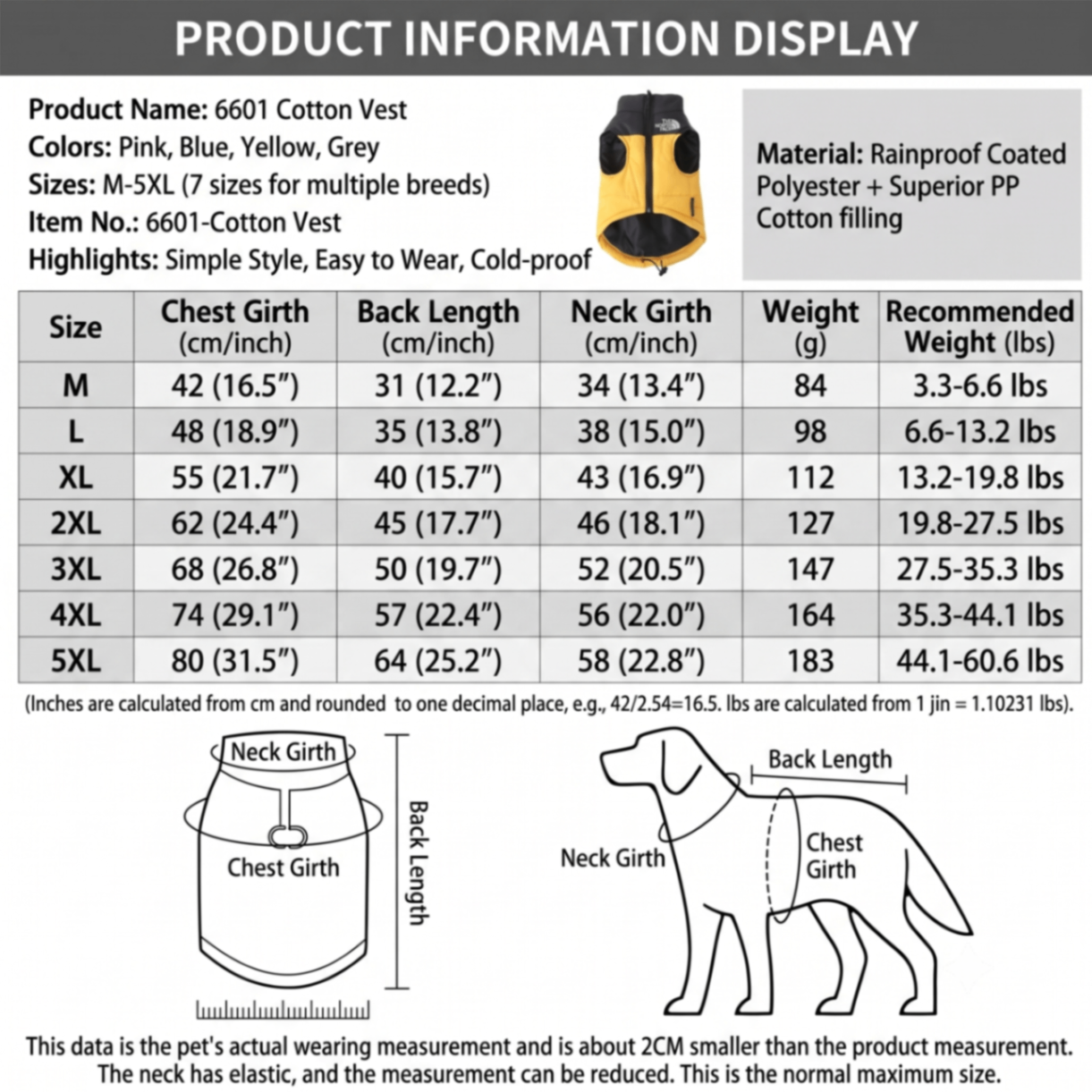 Keep Your Pup Cozy and Visible This Winter – Waterproof, Insulated Dog Coat with Reflective Strips, Front Zipper, D-Ring Leash Attachment, and Adjustable Fit for Daily Walks and Outdoor Adventures (2XL, Yellow)