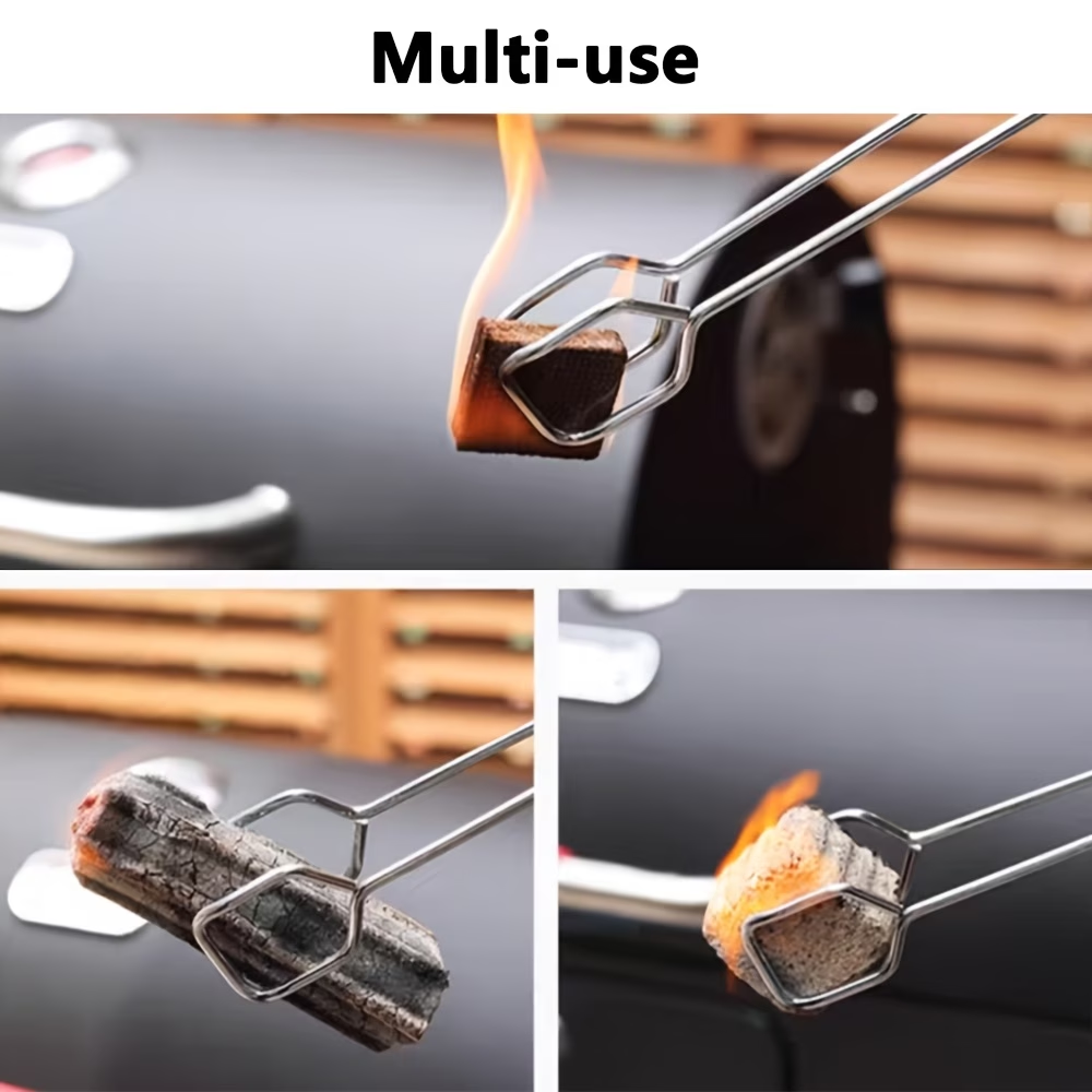 Long, sturdy, and heat-resistant charcoal tongs for grilling food. Made of stainless steel, these portable tongs are suitable for outdoor grilling, charcoal, and fire pits.