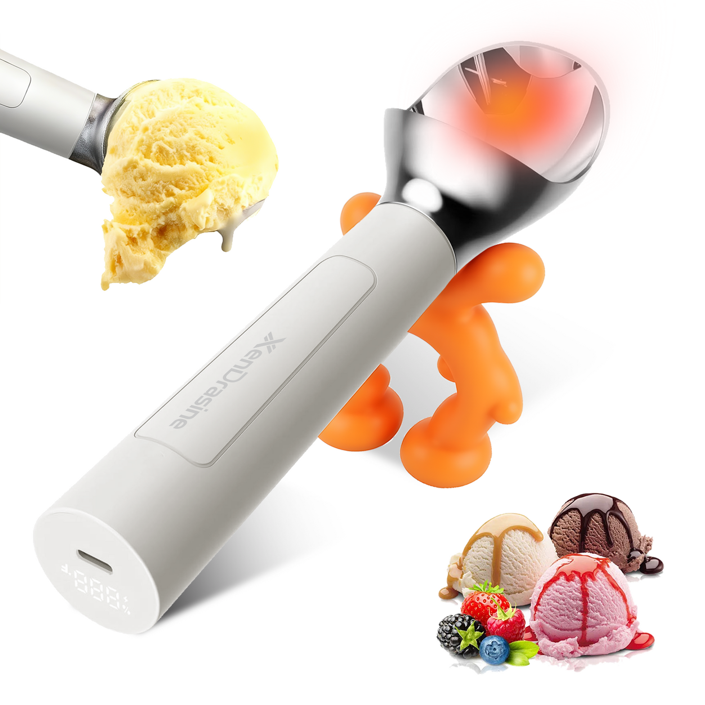 Heated Ice Cream Scoop, Rechargeable Electric Warming Scooper, Heats to for Hard Ice Cream, Waterproof, Easy for Seniors & Kids (White，17.8*4.3cm)