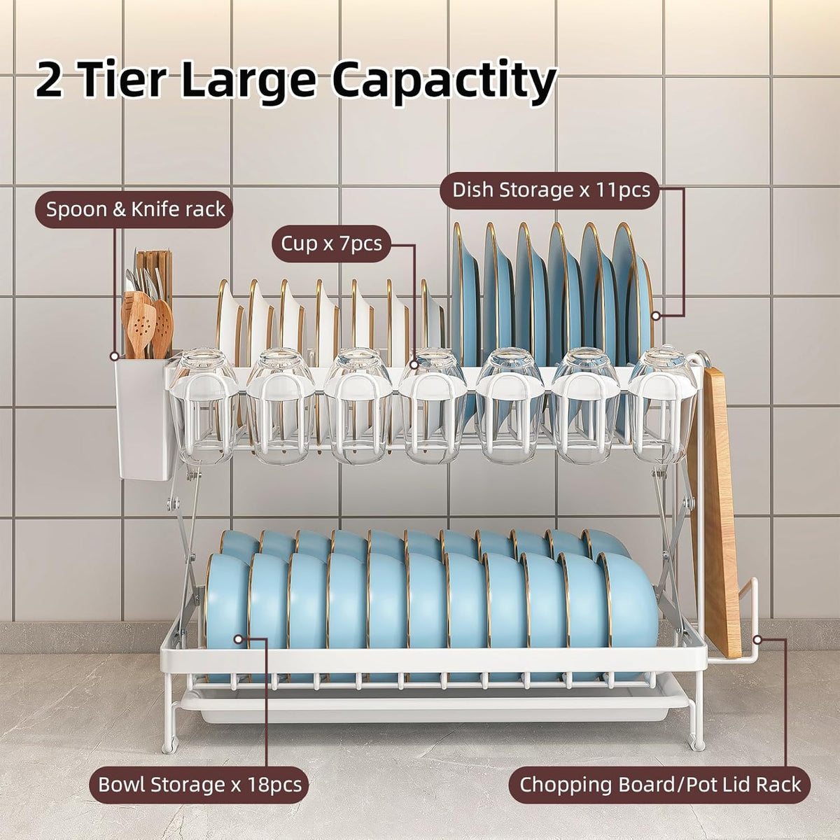 CARLA HOME 2-Tier Dish Drying Rack with Drainage Tray, Utensil Holder, Cup Hooks & Cutting Board Rack for Kitchen (White)