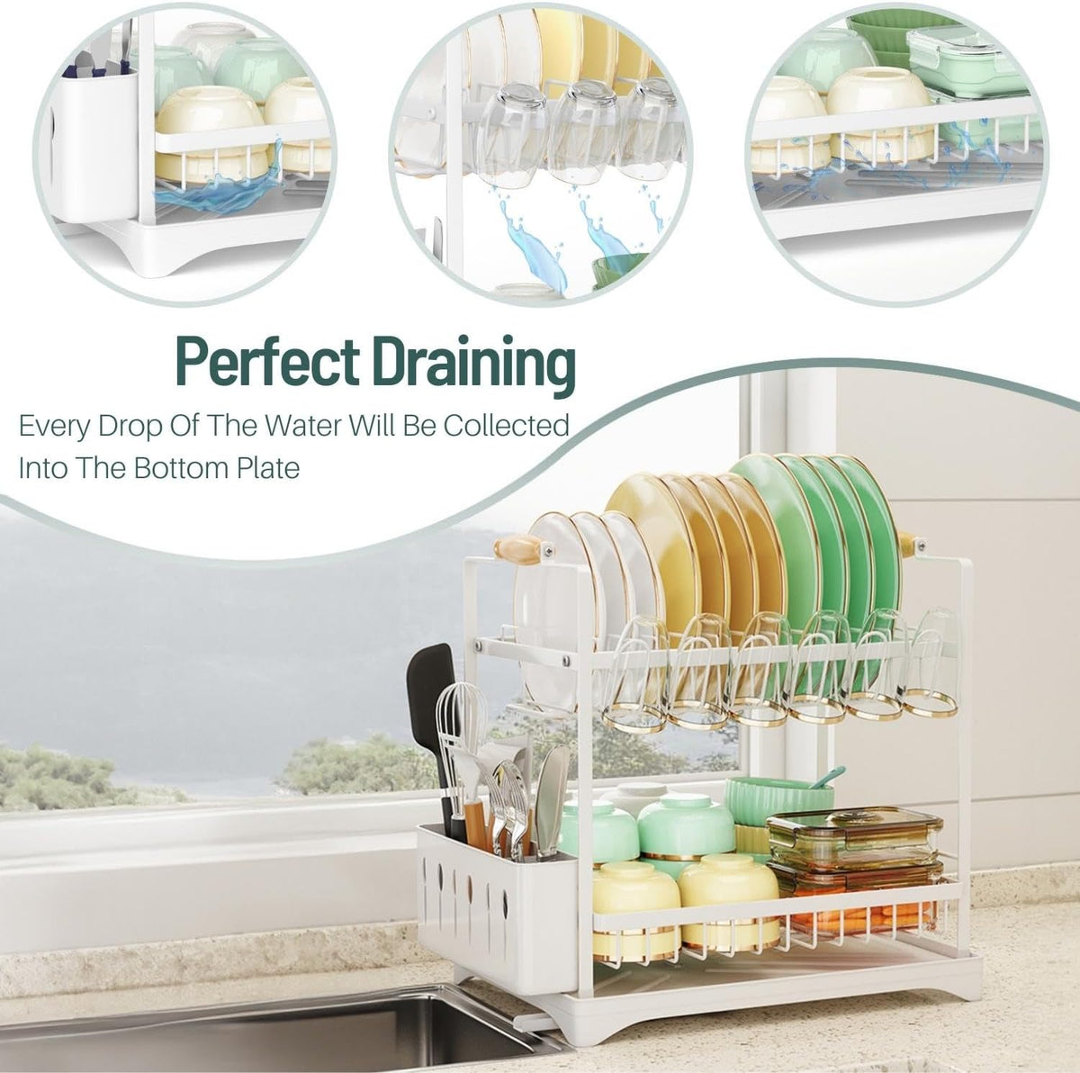 CARLA HOME 2-Tier Large Dish Drying Rack with Drainboard, Utensil Holder, Glass Hooks & Cutlery Storage (Black)