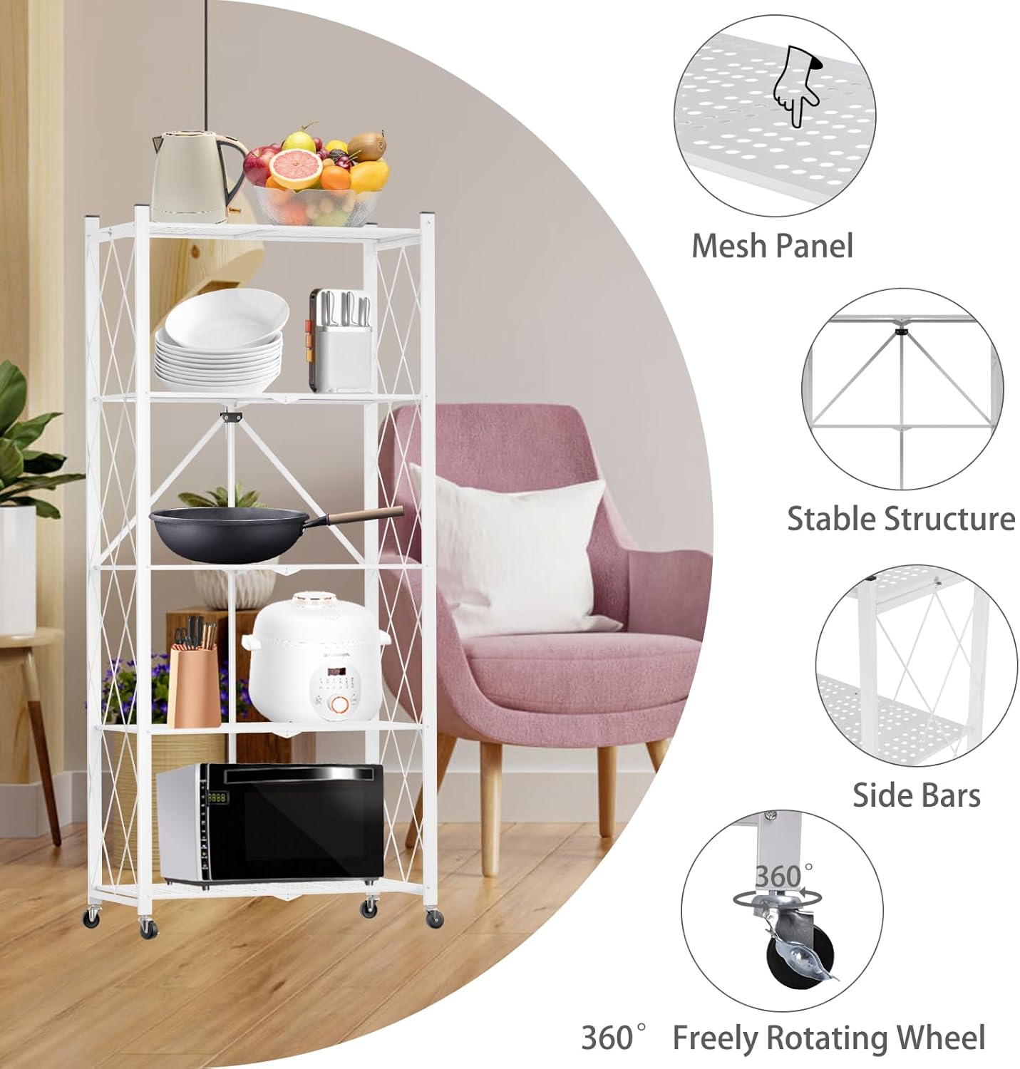 CARLA HOME 5-Tier Foldable Storage Shelf with Wheels for Kitchen, Garage, Pantry or Basement (White)
