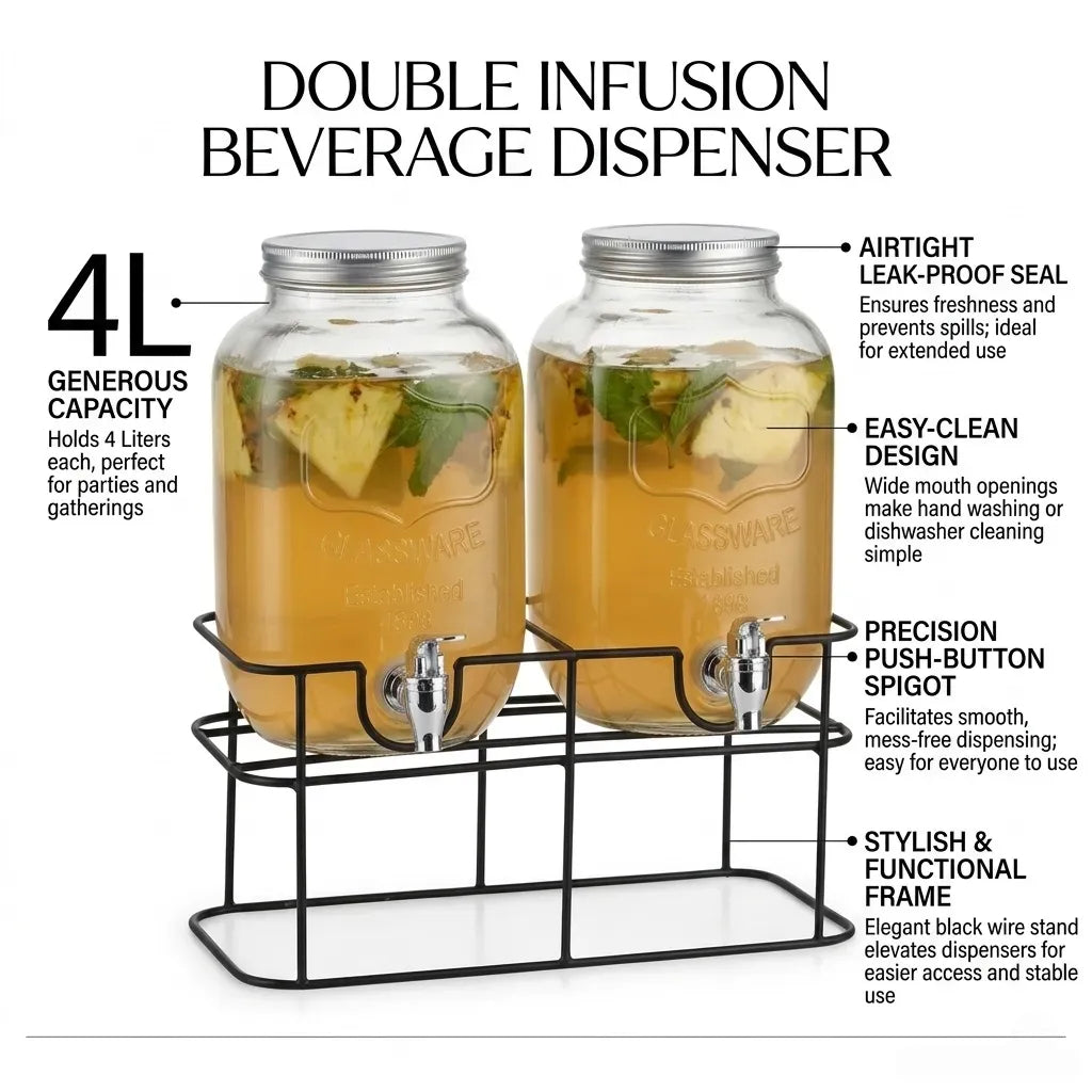 CARLA HOME 2 Pack Glass Drink Dispensers with Juice Pot Stand - 4L