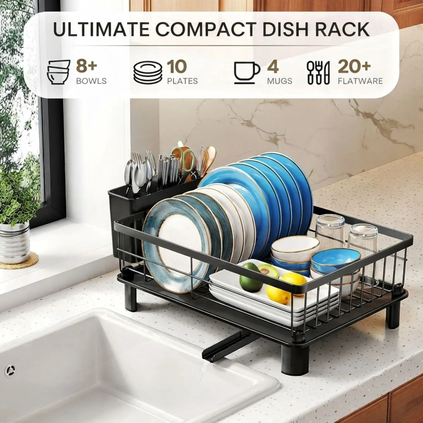 CARLA HOME Dish Drying Rack with Drainboard & Utensil Holder for Kitchen (Black)